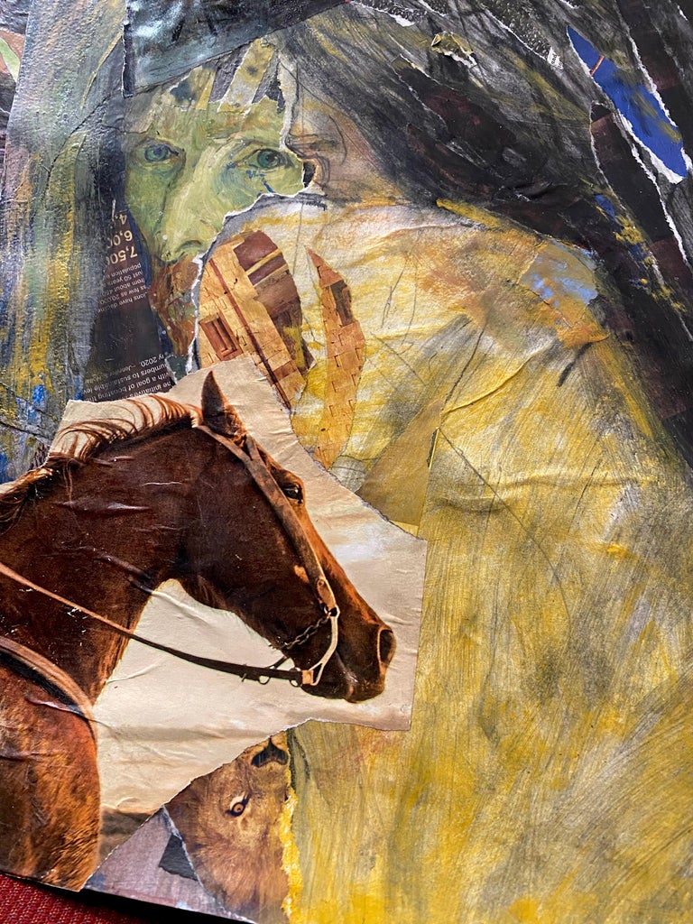 Book of Remembrance, female figure, gold tones, horses & Van Gogh references - American Modern Art by Audrey Anastasi
