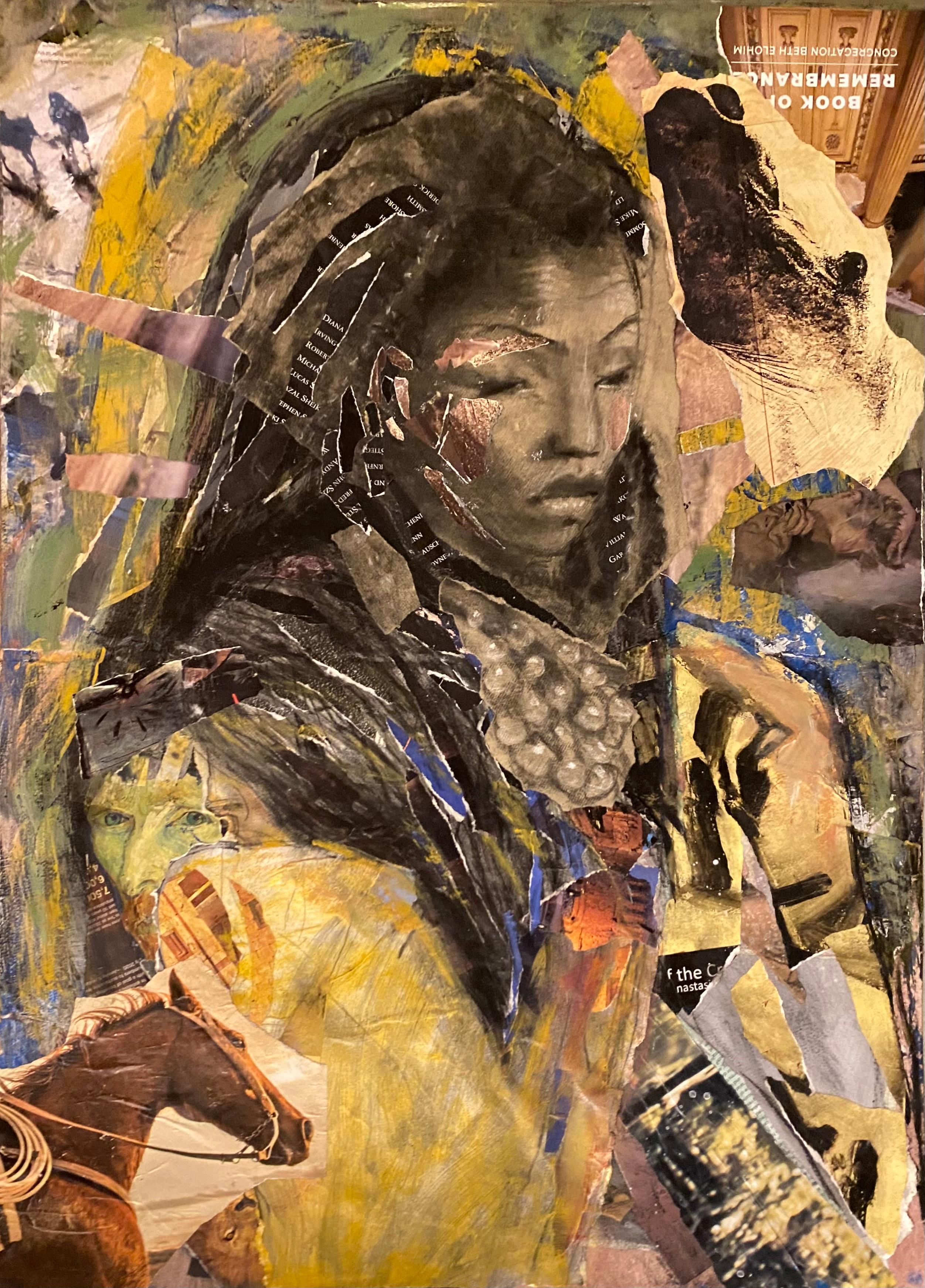 Audrey Anastasi Figurative Art – Book of Remembrance, weibliche Figur, Goldtöne, Pferde und Van Gogh-Bezüge