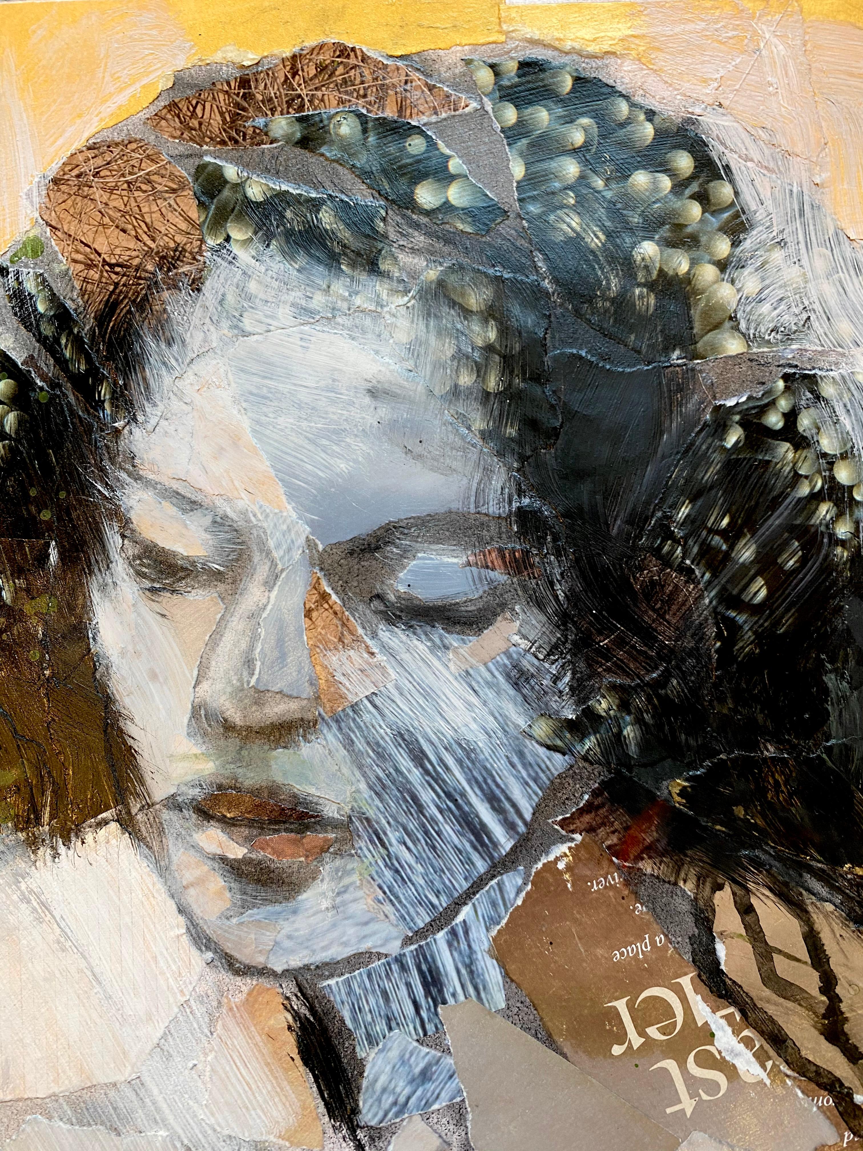 Golden Mermaid, drawing  collage female figure in water with text, maps - Art by Audrey Anastasi