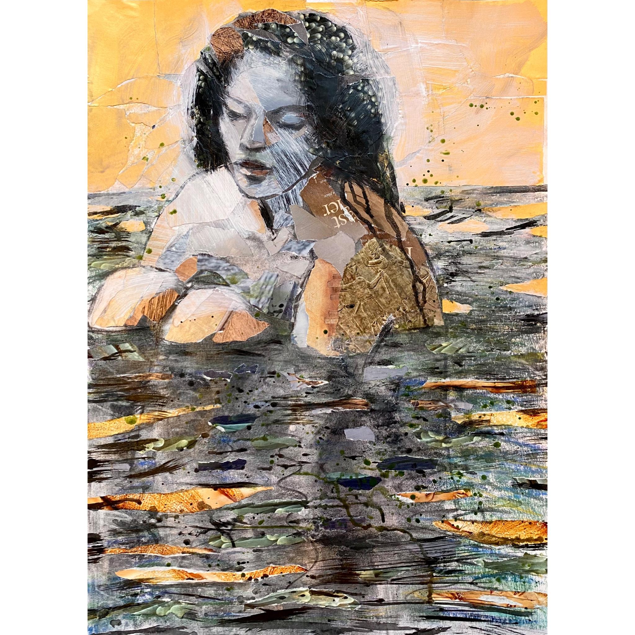 Golden Mermaid, drawing  collage female figure in water with text, maps