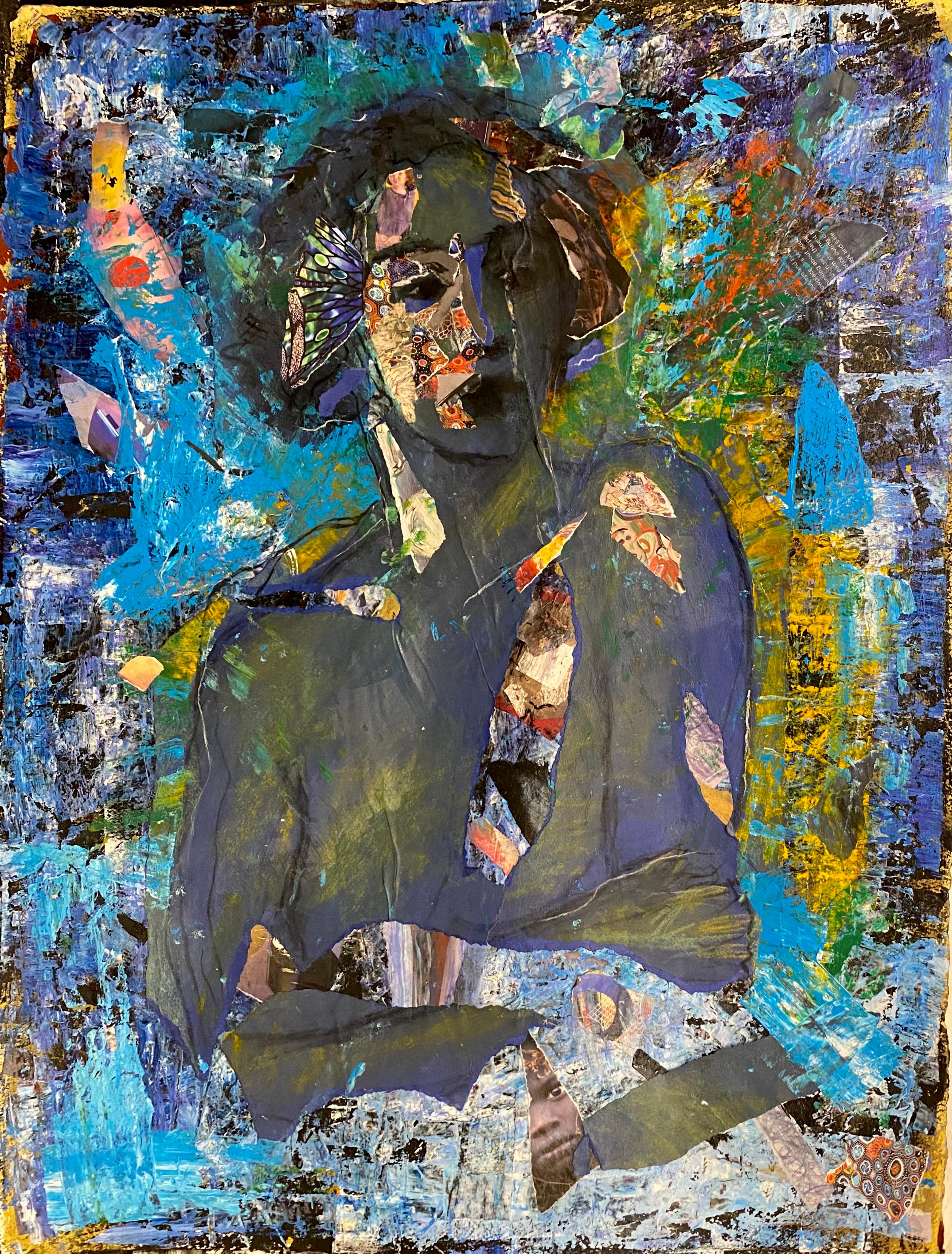 Blaues Indigo, Zeichnungscollage, weibliche Figur mit abstrakten Mustern, leuchtende Blautöne