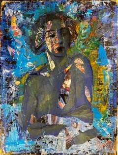 Blue Indigo, dibujo collage figura femenina con motivos abstractos, azules brillantes