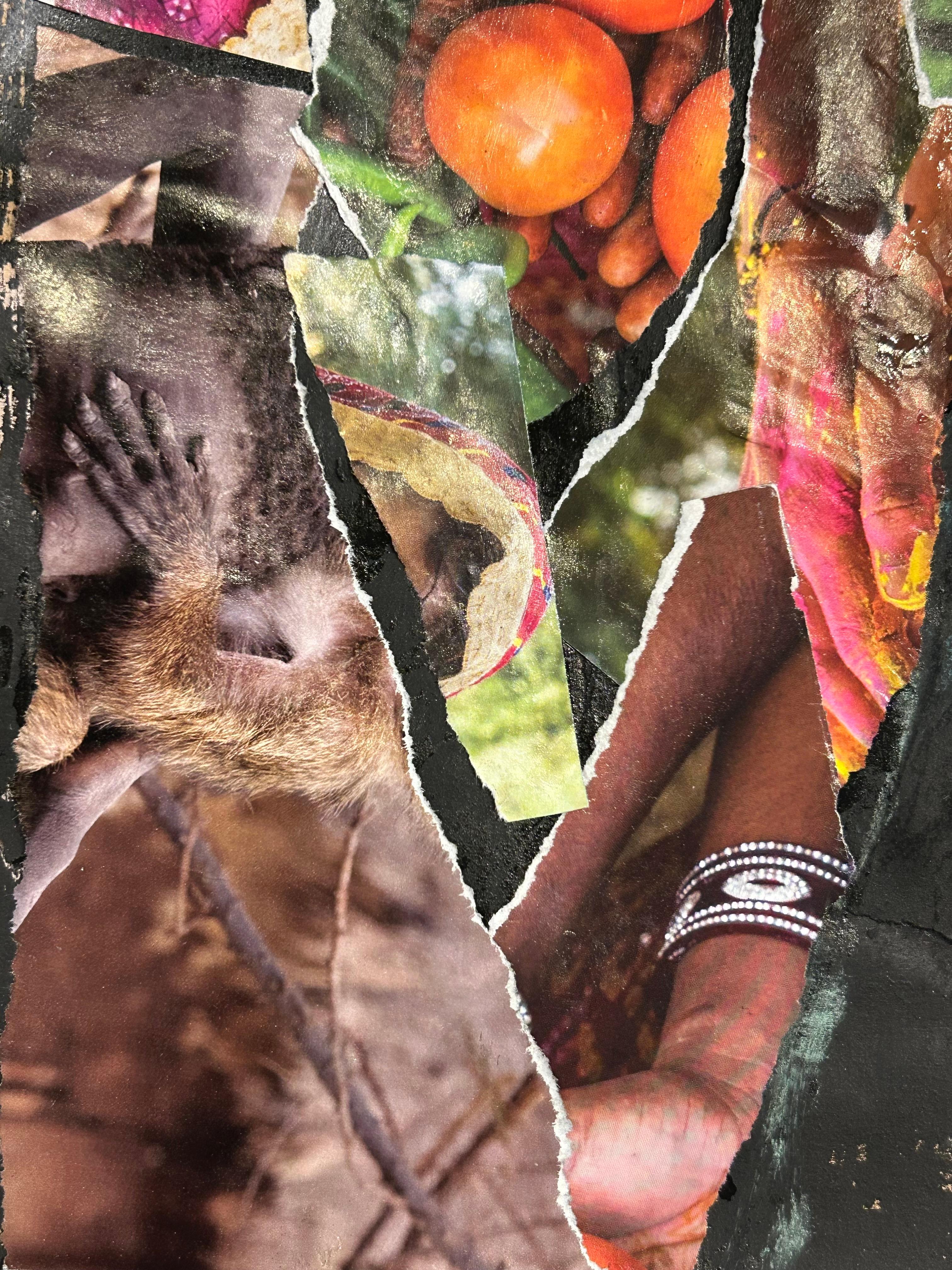 Ces collages ont été créés d'abord en présence d'un modèle, en travaillant rapidement, au fusain et au pastel, puis, plus tard, seul, en déchirant et collant furieusement des images provenant de magazines, de journaux en différentes langues, de