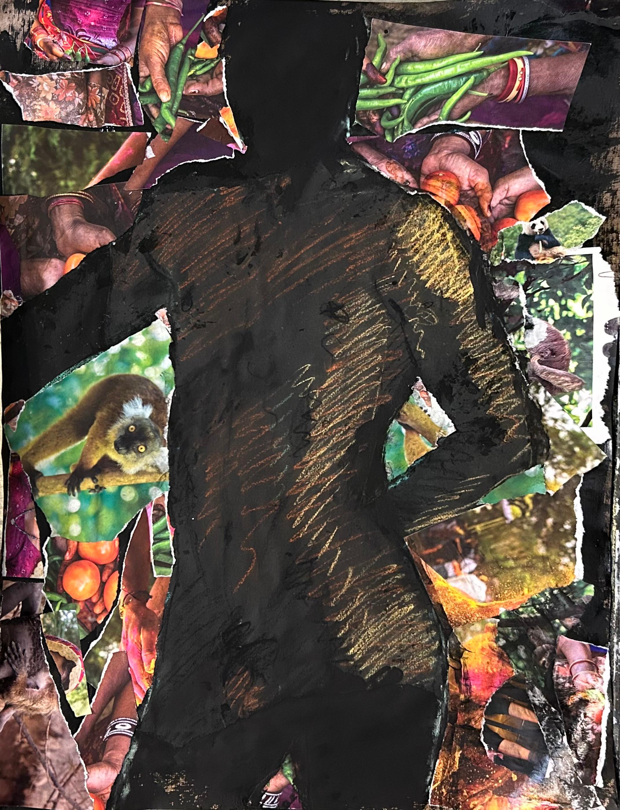 Danseur, figure nue noire avec collage coloré - Mixed Media Art de Audrey Anastasi