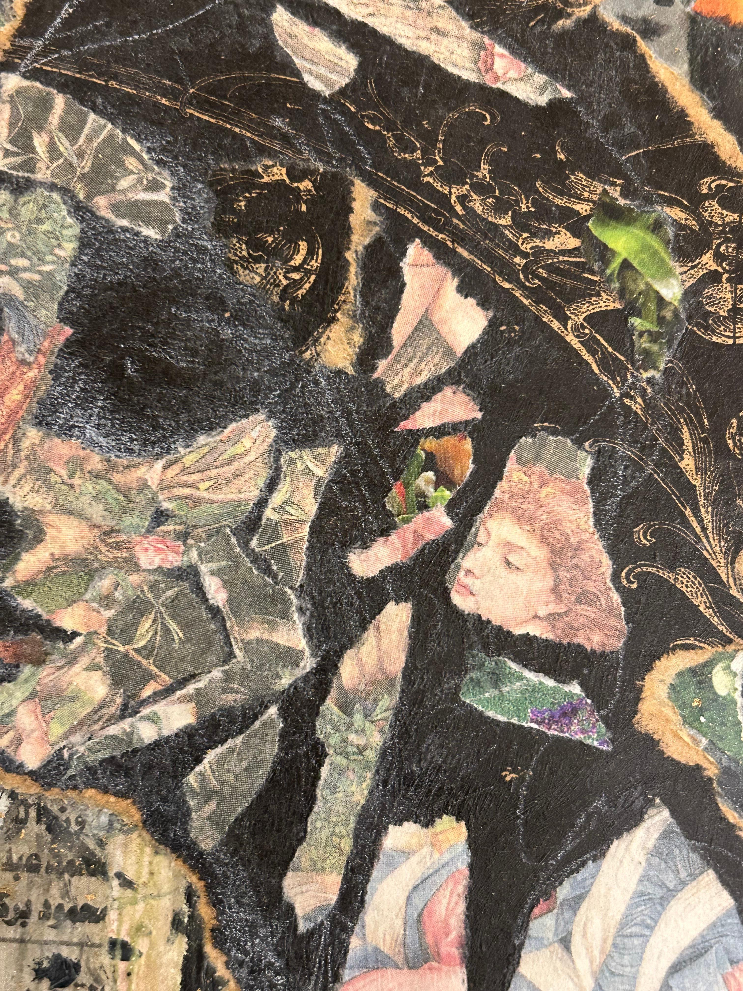 Questi collage sono stati creati prima in presenza di una modella in carne e ossa, lavorando rapidamente a carboncino e pastello, e poi, in un secondo momento, da soli in studio, strappando e incollando furiosamente immagini da riviste, giornali in