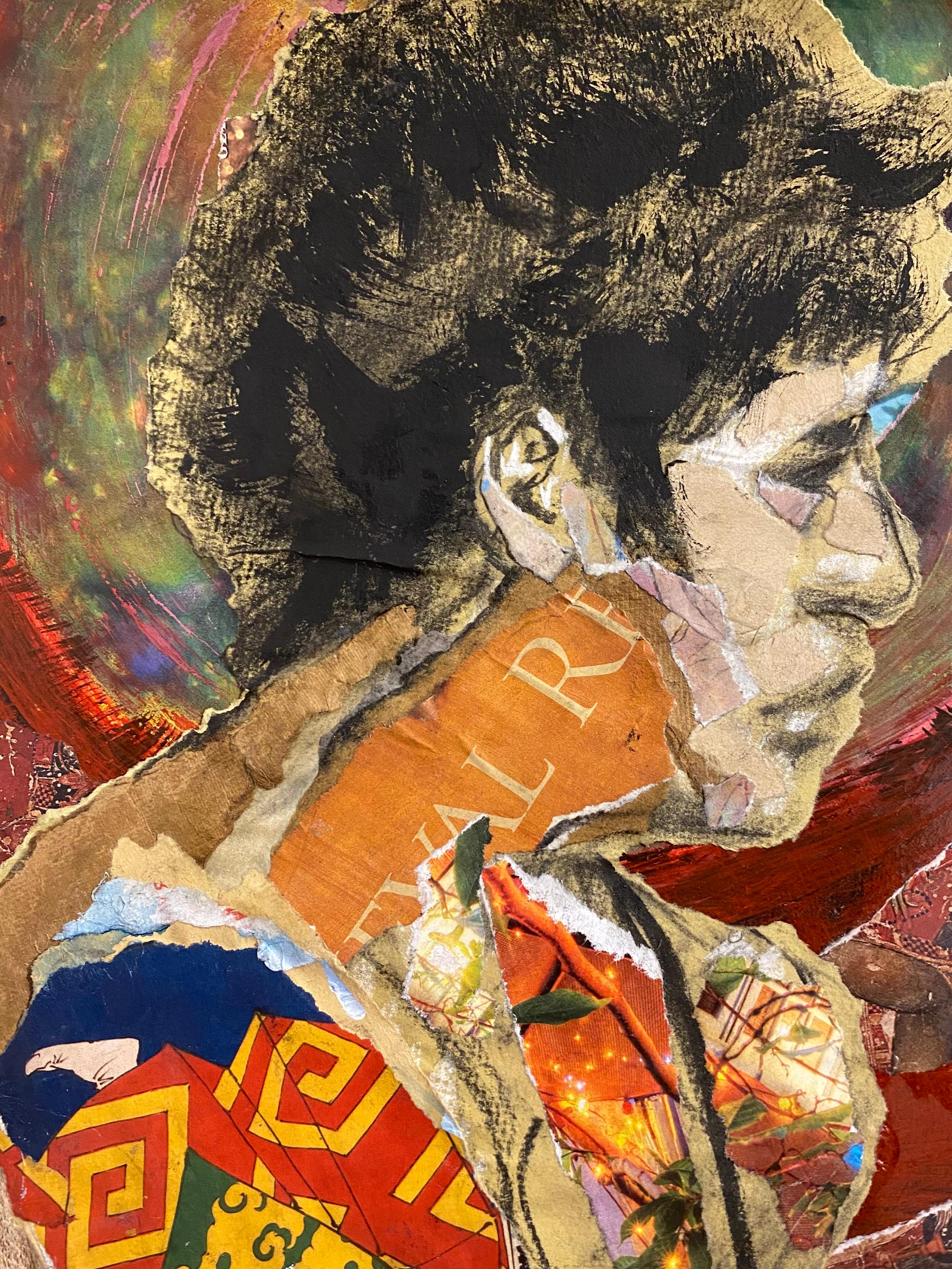 Red Corona, drawing and collage of female figure with grackle bird - Art by Audrey Anastasi