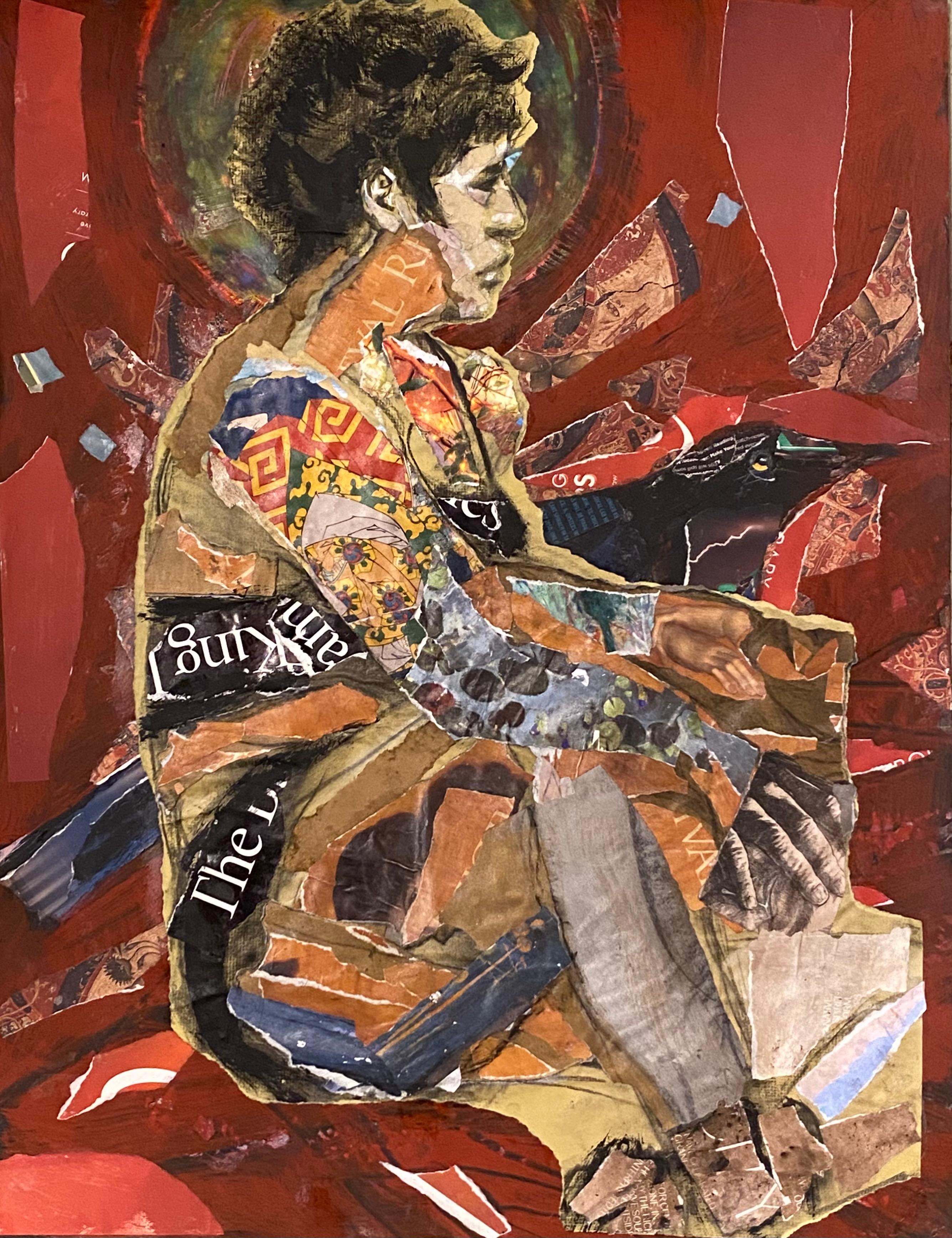 Audrey Anastasi Figurative Art - Red Corona, drawing and collage of female figure with grackle bird