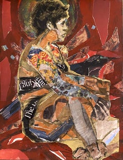 Red Corona, drawing and collage of female figure with grackle bird