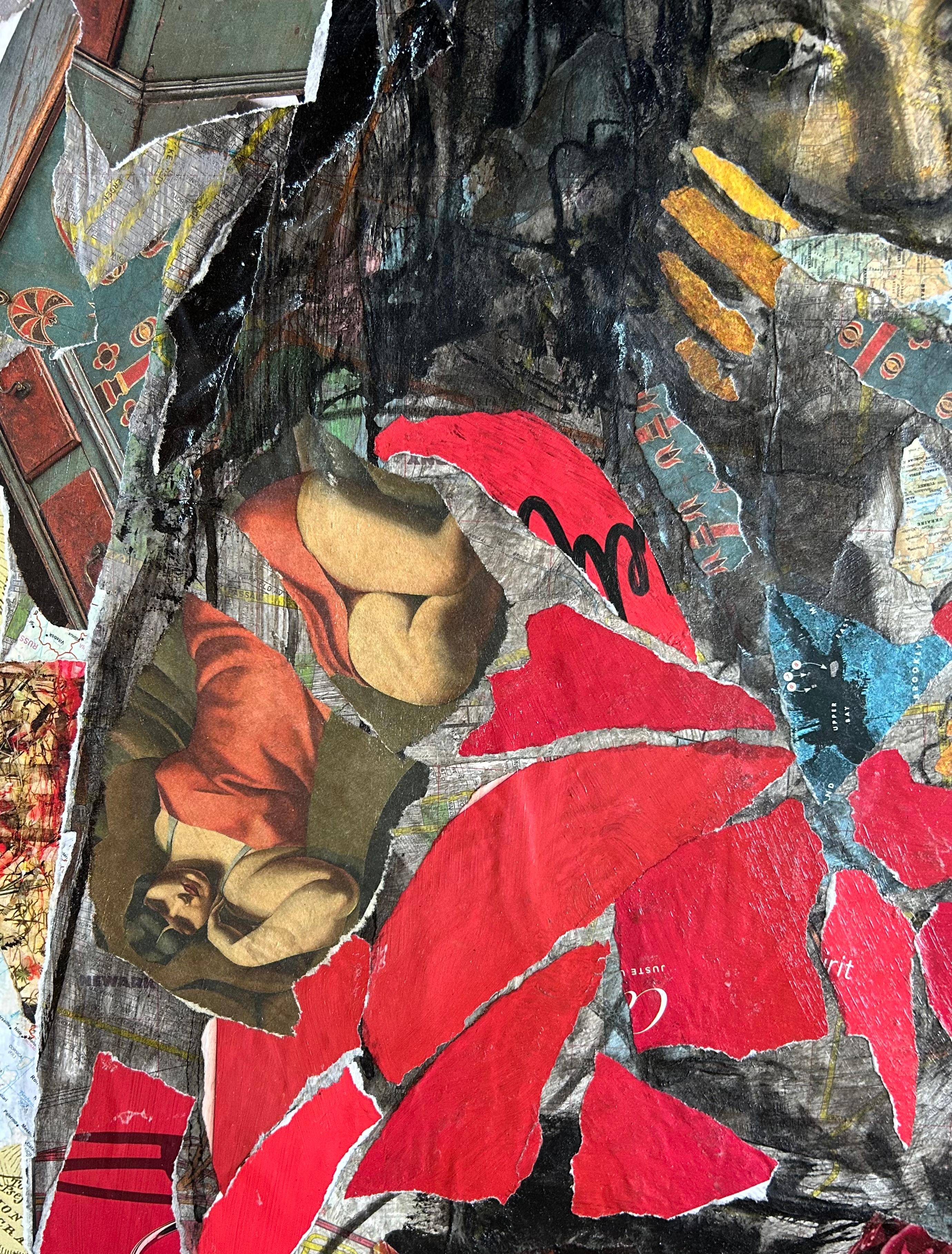 Red Renaissance, female face figure, collage Lampika element, maps, patterns - Art by Audrey Anastasi