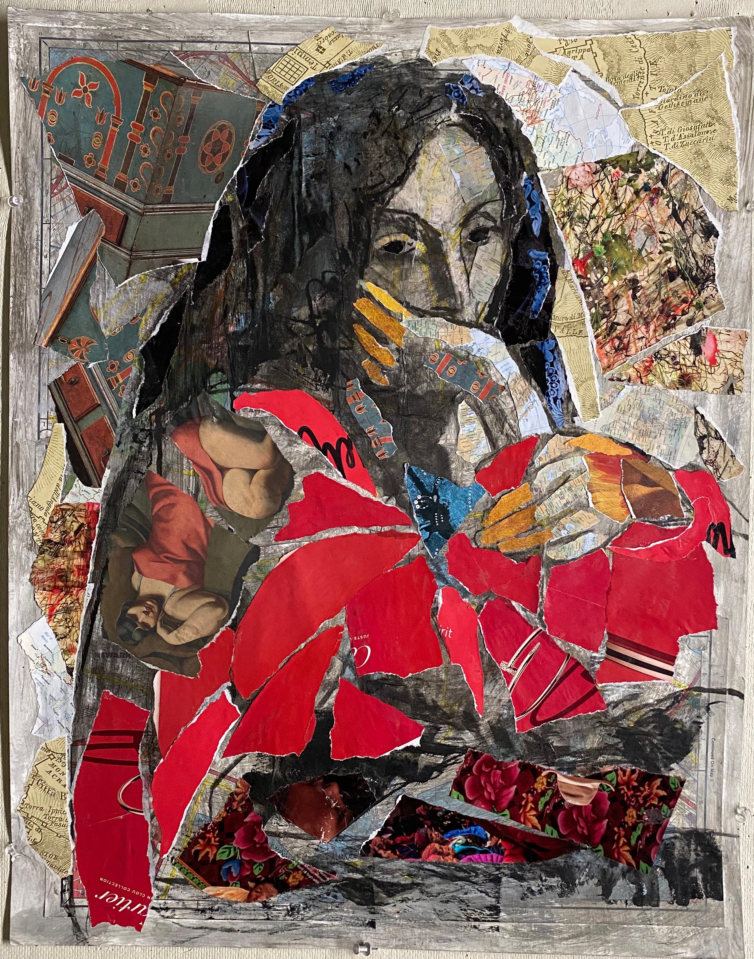 Audrey Anastasi Figurative Art - Red Renaissance, female face figure, collage Lampika element, maps, patterns