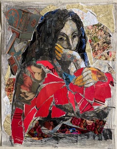 Red Renaissance, female face figure, collage Lampika element, maps, patterns