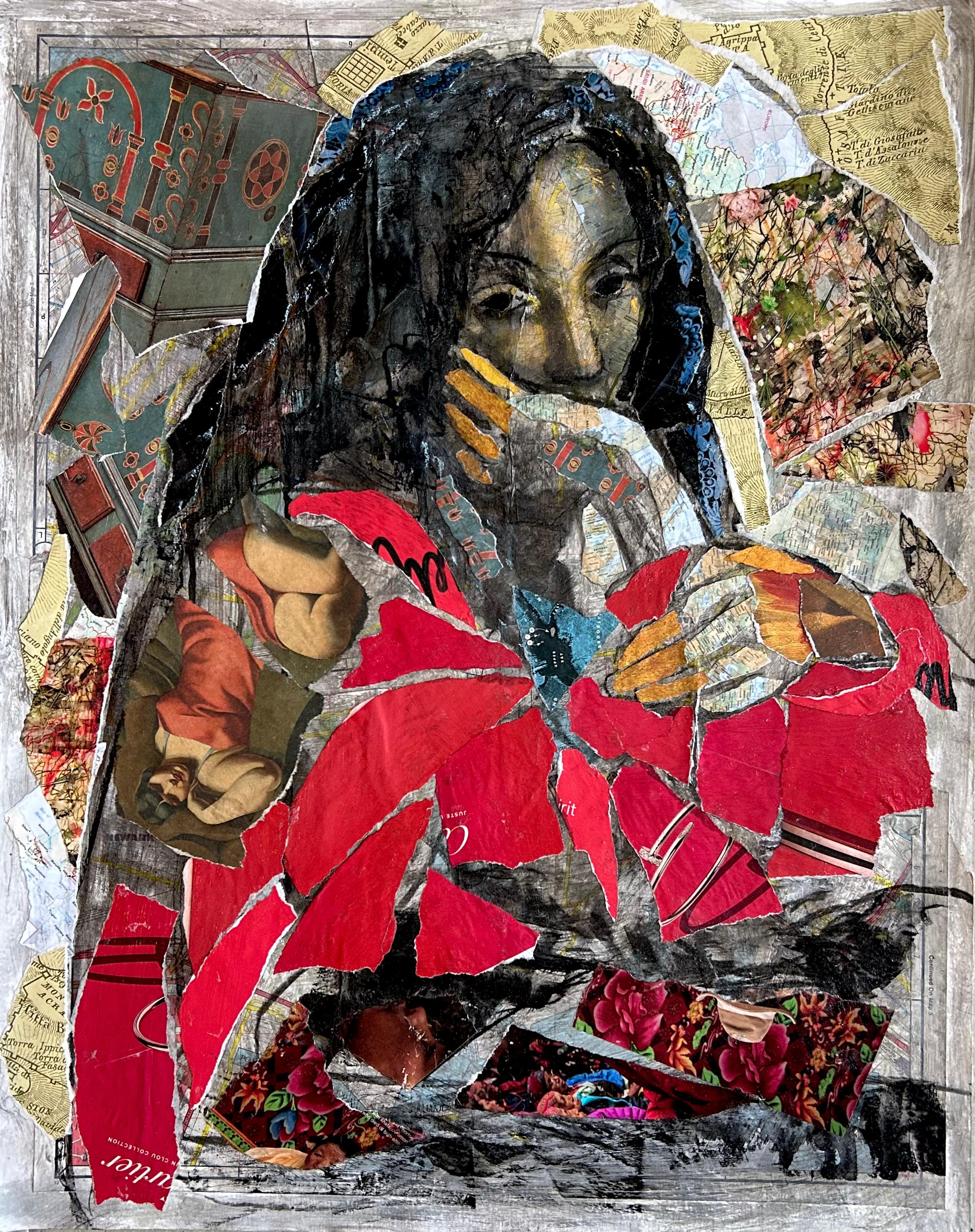 Rinascimento rosso, figura femminile, collage di elementi Lampika, mappe, motivi