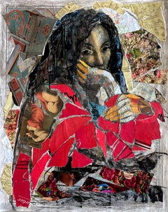 Rinascimento rosso, figura femminile, collage di elementi Lampika, mappe, motivi