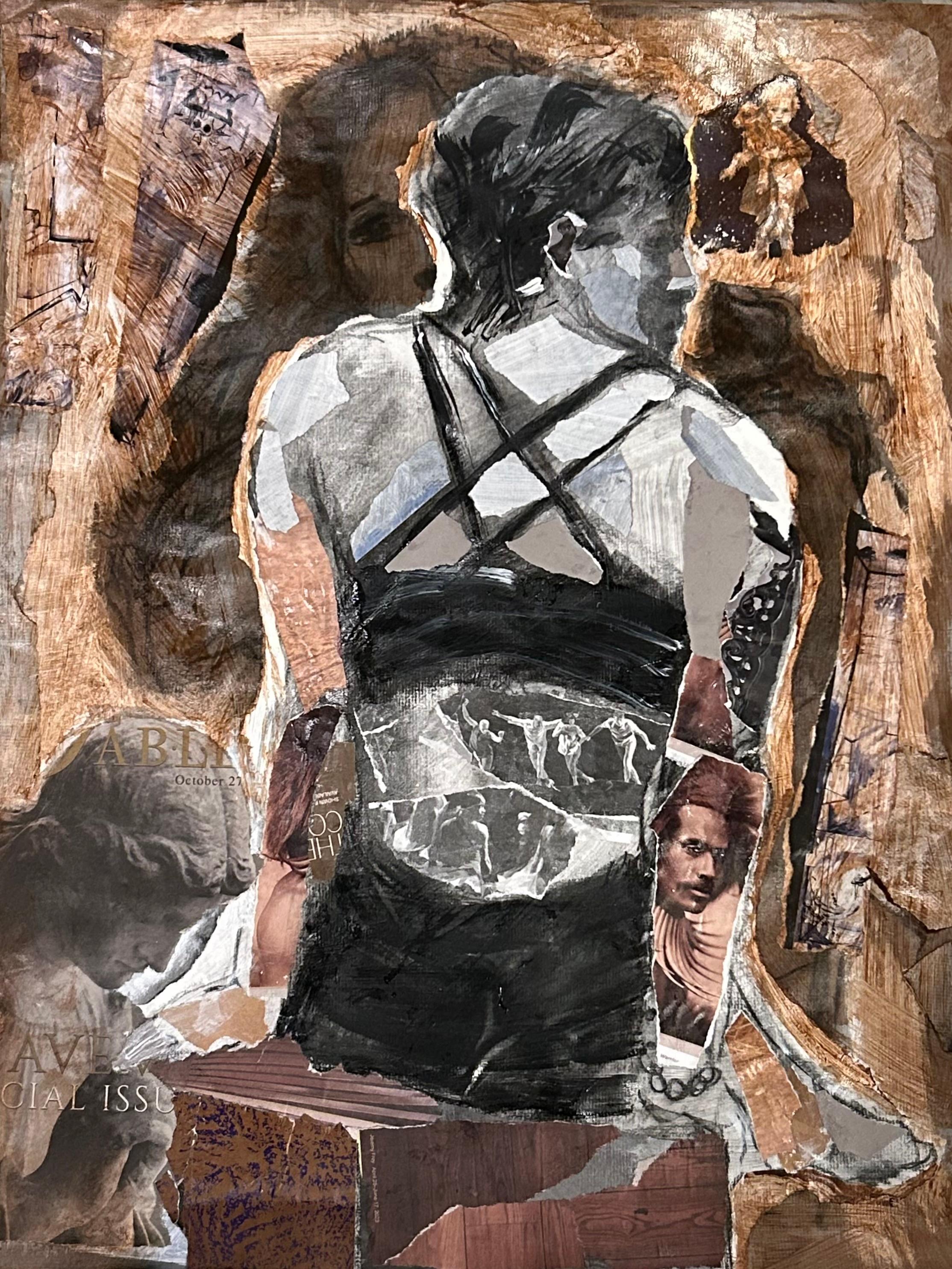 Audrey Anastasi Figurative Art – Whistler Tänzerin figurative Collage monochromatische Brauntöne abstrakte Elemente