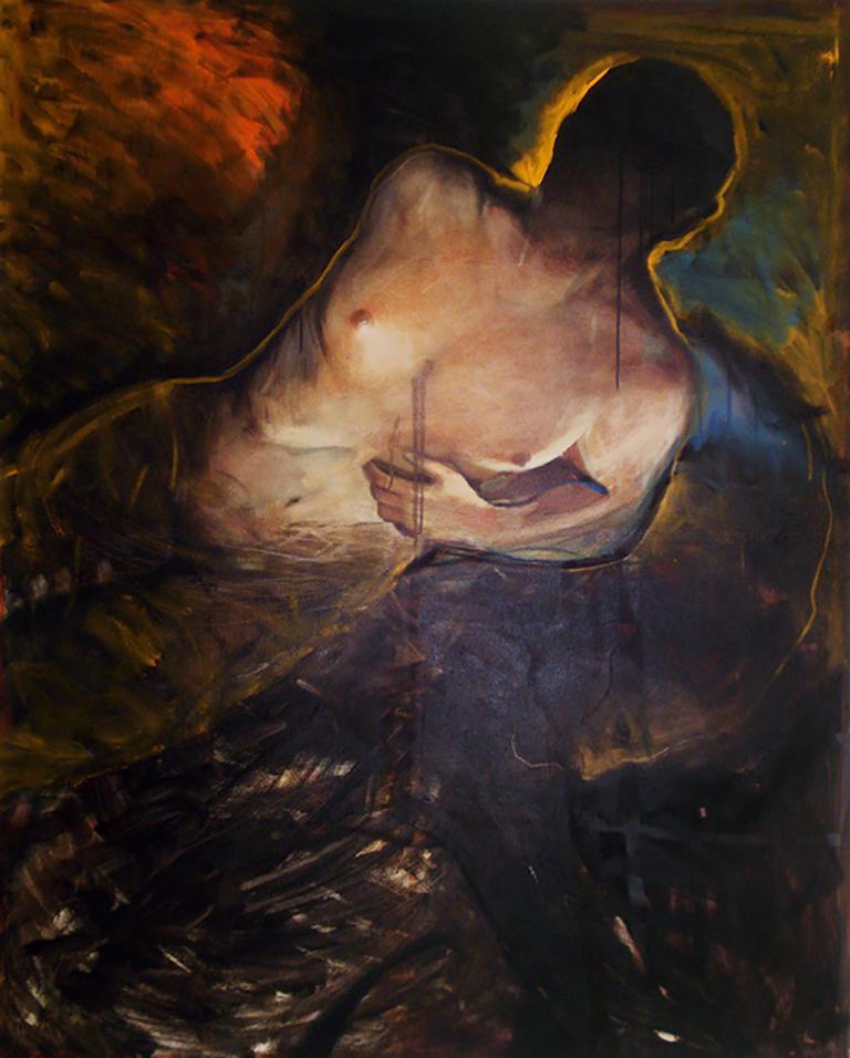 Audrey Anastasi Nude Painting – Geisterhafte schwebende Figur von Icarus, schwarz mit orangefarbenem, blauem Akt