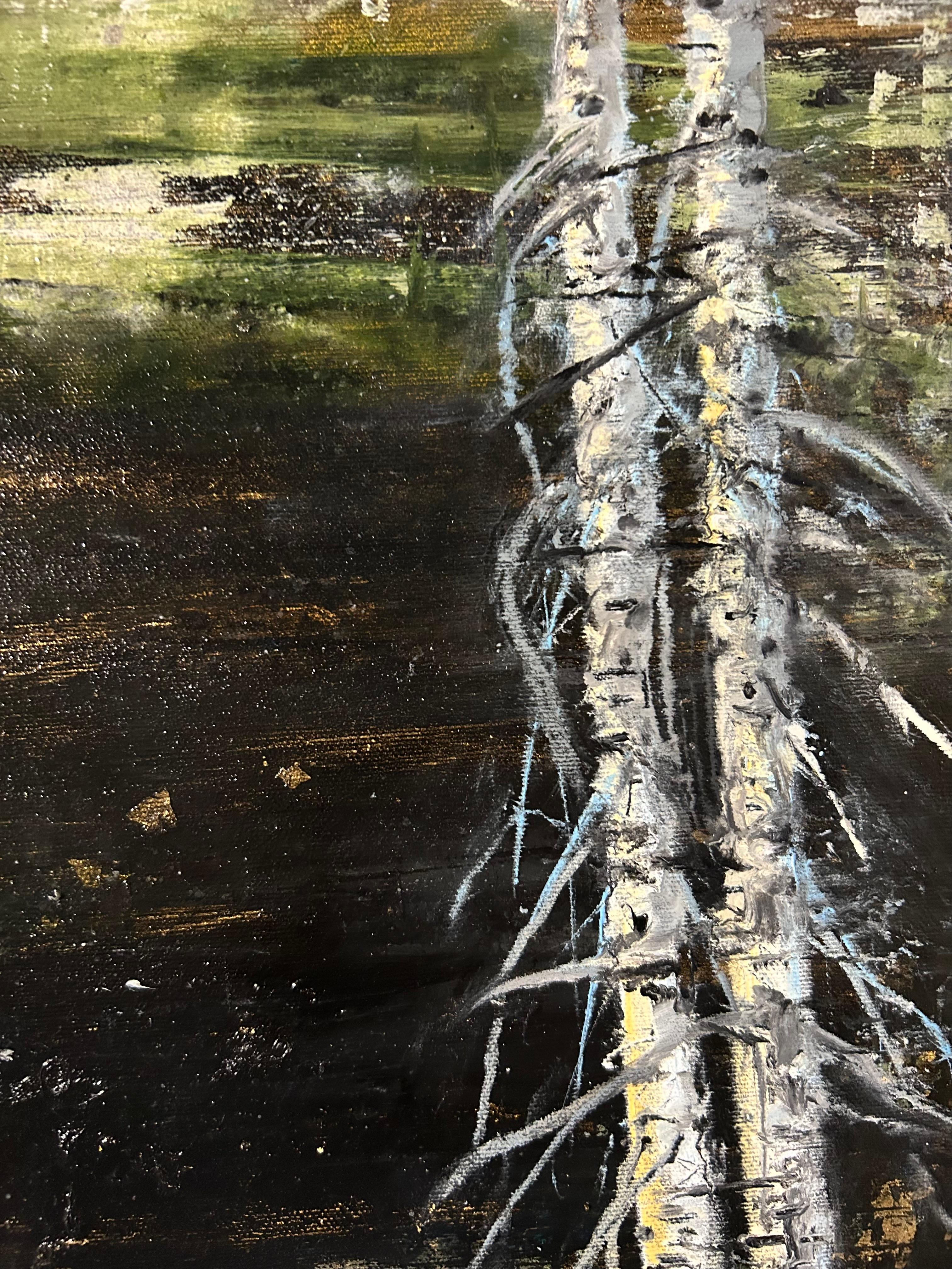 Más allá del abedul , Paisaje abstracto al óleo con técnica mixta en pan de oro - Painting de Audrey Anastasi