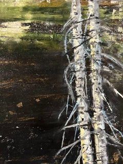 Beyond the Birch , Abstracted oil paint landscape w/ mixed media gold leaf