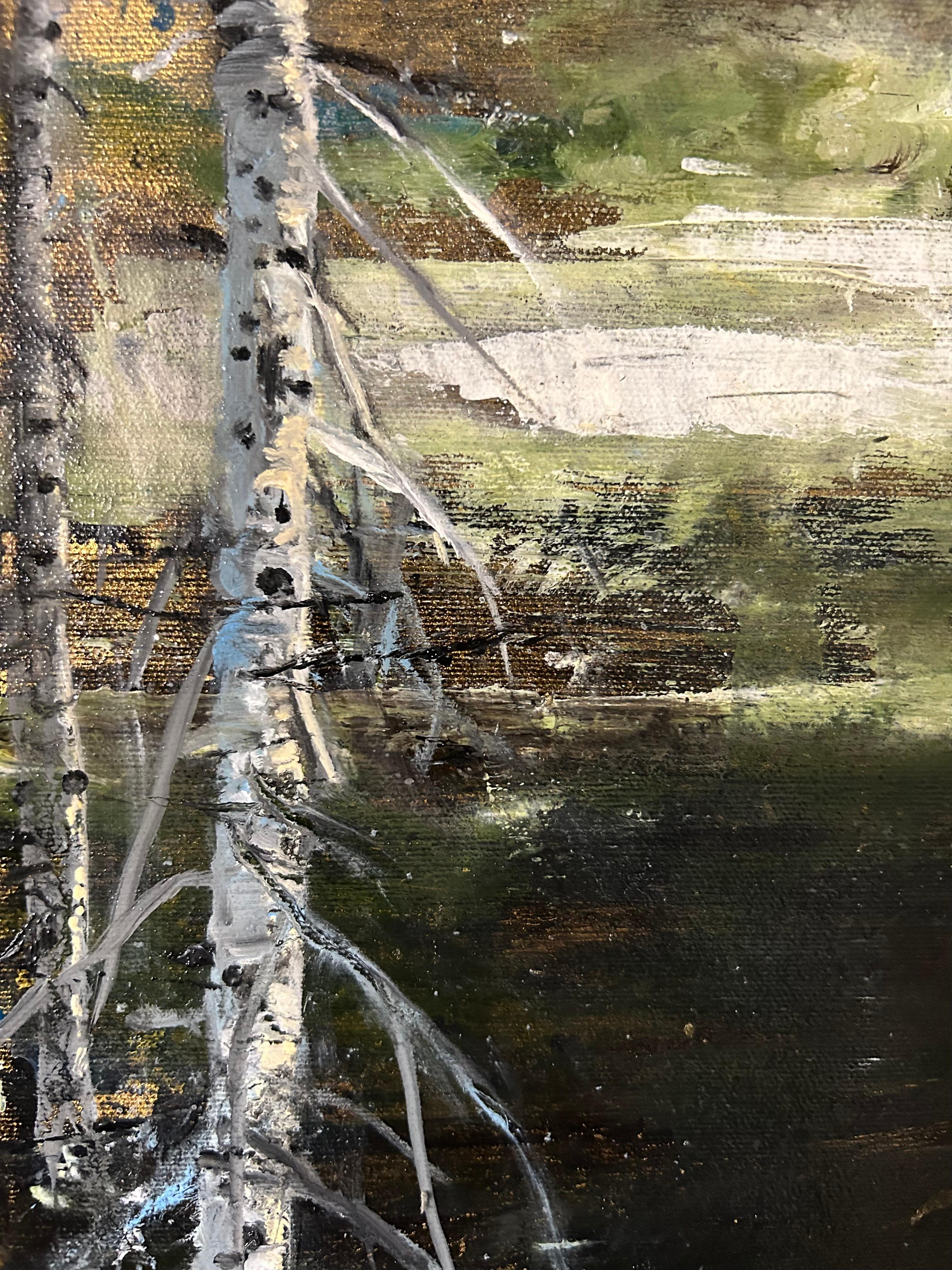 Más allá del abedul , Paisaje abstracto al óleo con técnica mixta en pan de oro - Painting moderno estadounidense de Audrey Anastasi