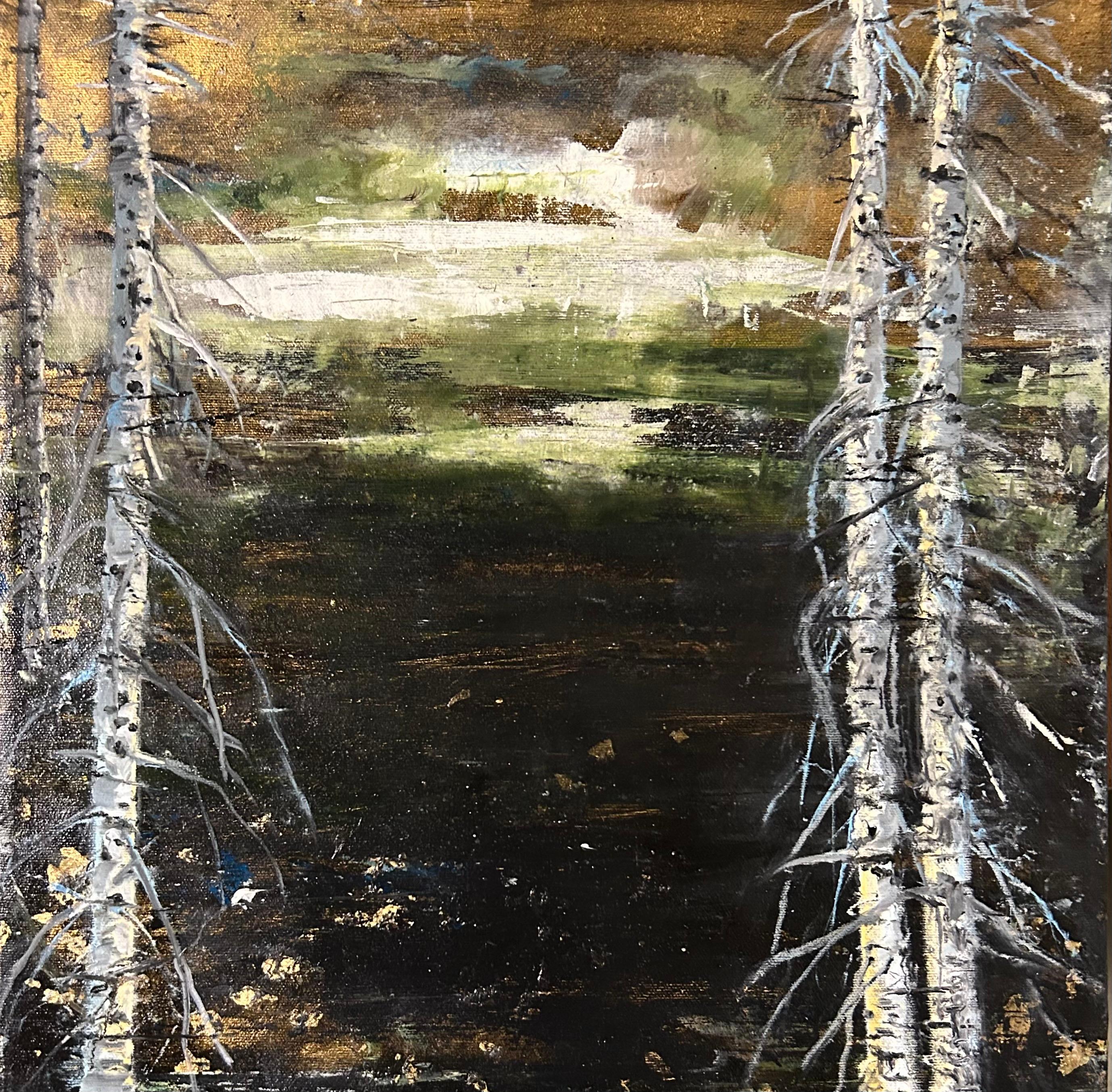 Abstract Painting de Audrey Anastasi - Más allá del abedul , Paisaje abstracto al óleo con técnica mixta en pan de oro