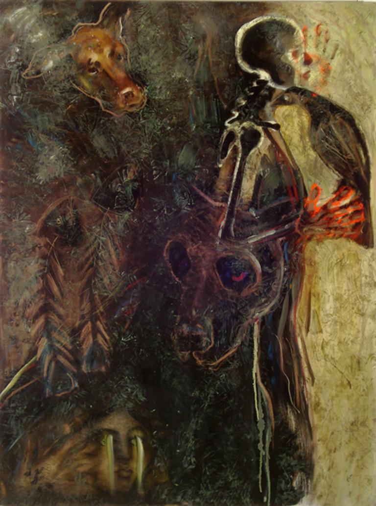 Cane Morte, mysterious elements w dog, skeleton, hands, fish bones, raven bird