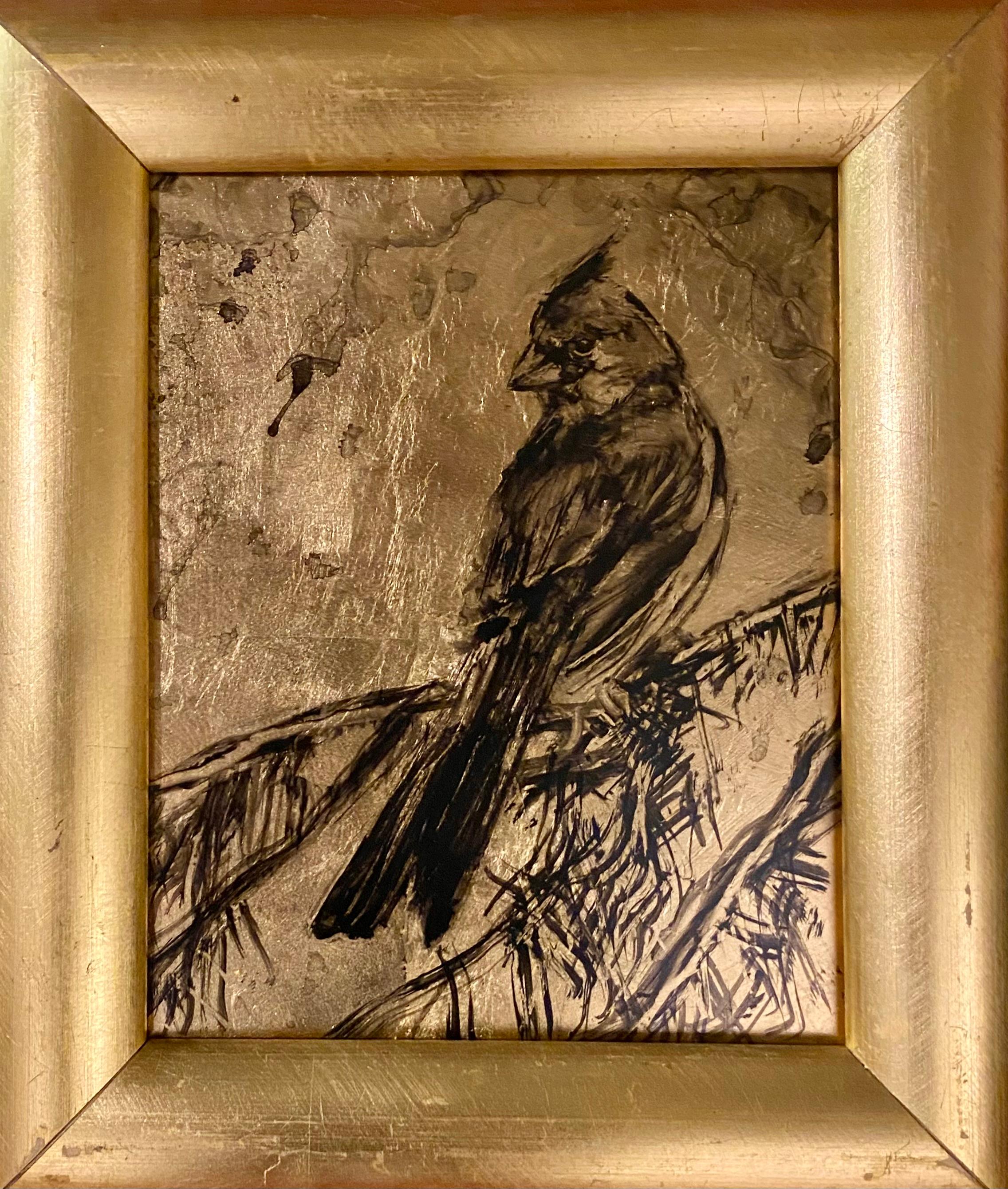 Audrey Anastasi Animal Painting – Kardinal, monochromes Vogelbild auf der Rückseite aus Glas mit Blattgold