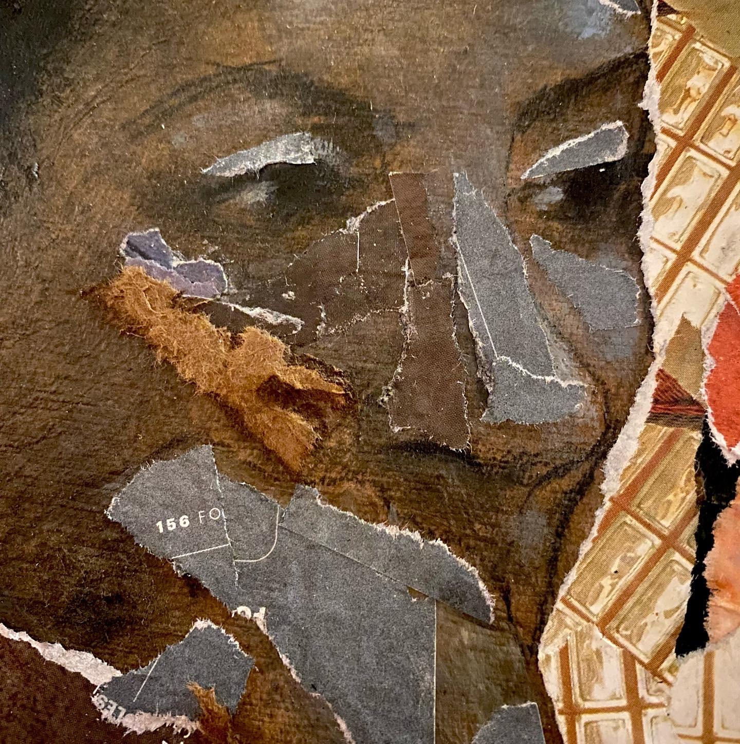 Contemplation, charcoal and collage, dark female portrait, brown, orange, gold - Painting by Audrey Anastasi