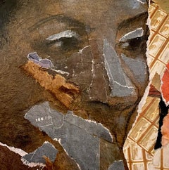 Contemplation, charcoal and collage, dark female portrait, brown, orange, gold