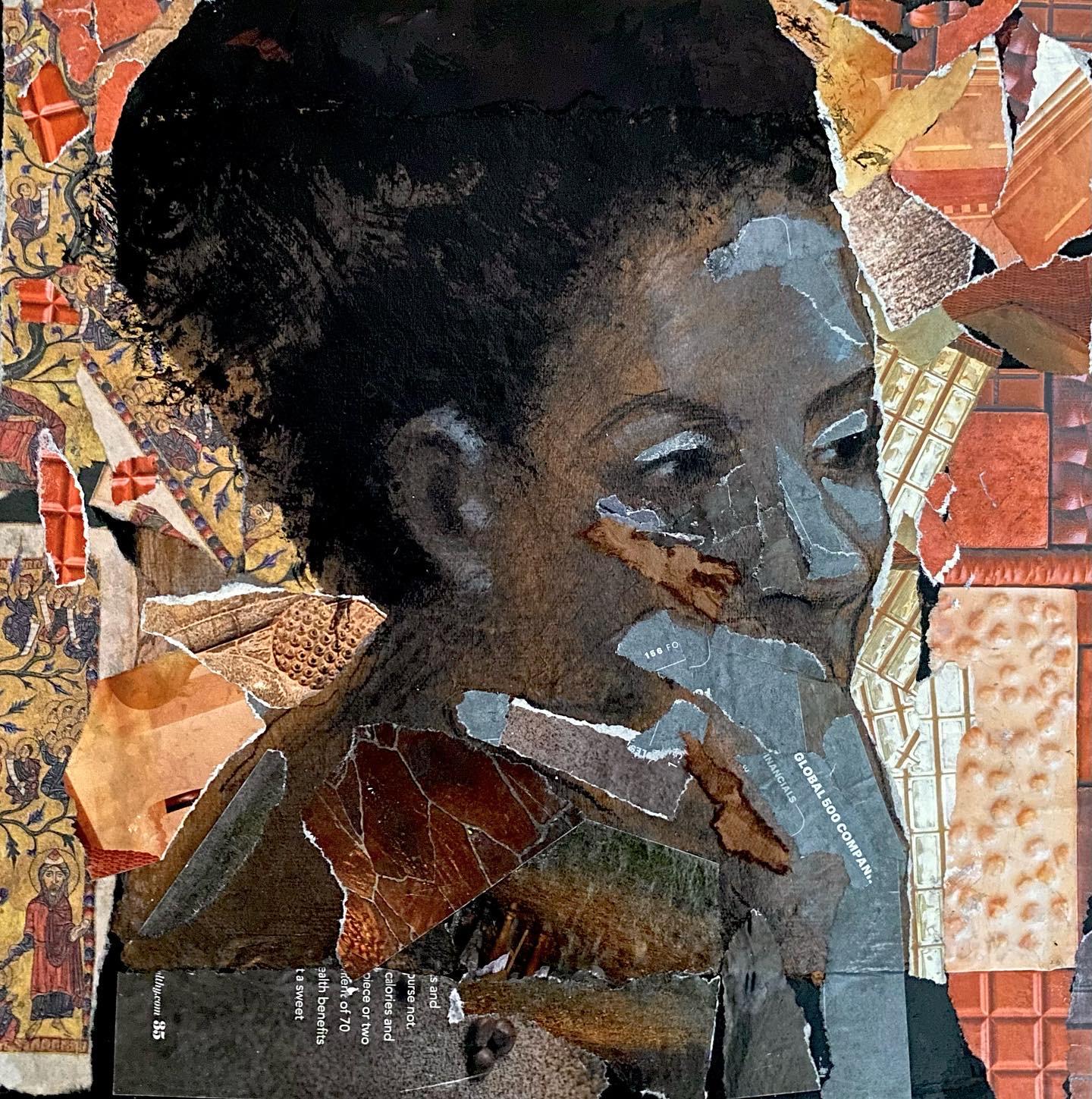 Audrey Anastasi Abstract Painting - Contemplation, charcoal and collage, dark female portrait, brown, orange, gold