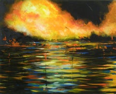 Fire and Water, bold colorful oil abstracted waterscape blacks, reds, yellows
