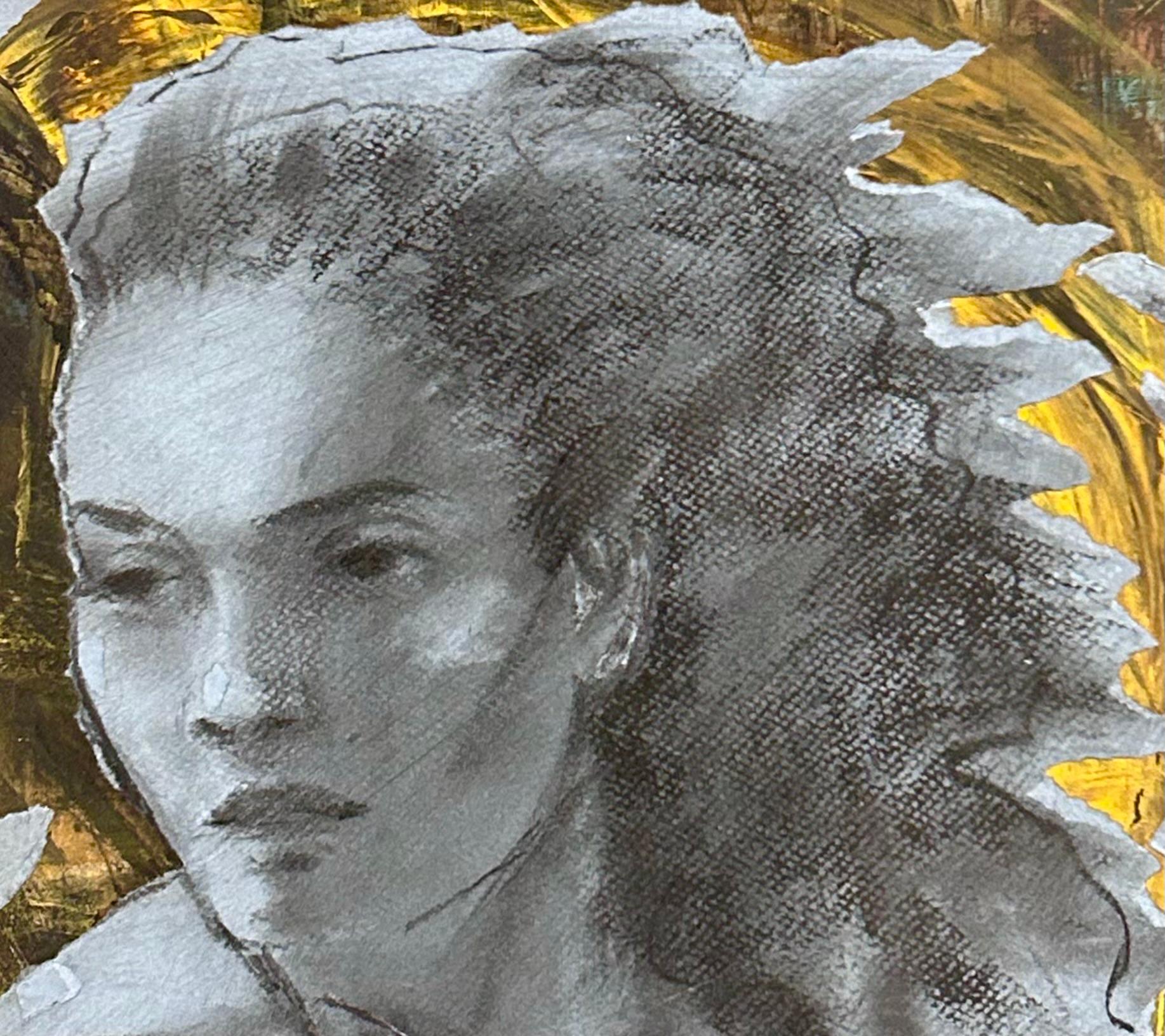 Pale Blue Wind, fusain et collage, portrait de femme - Painting de Audrey Anastasi