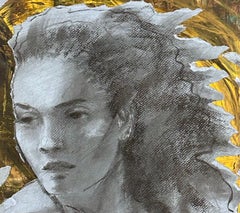 Pale Blue Wind, carboncino e collage, ritratto femminile