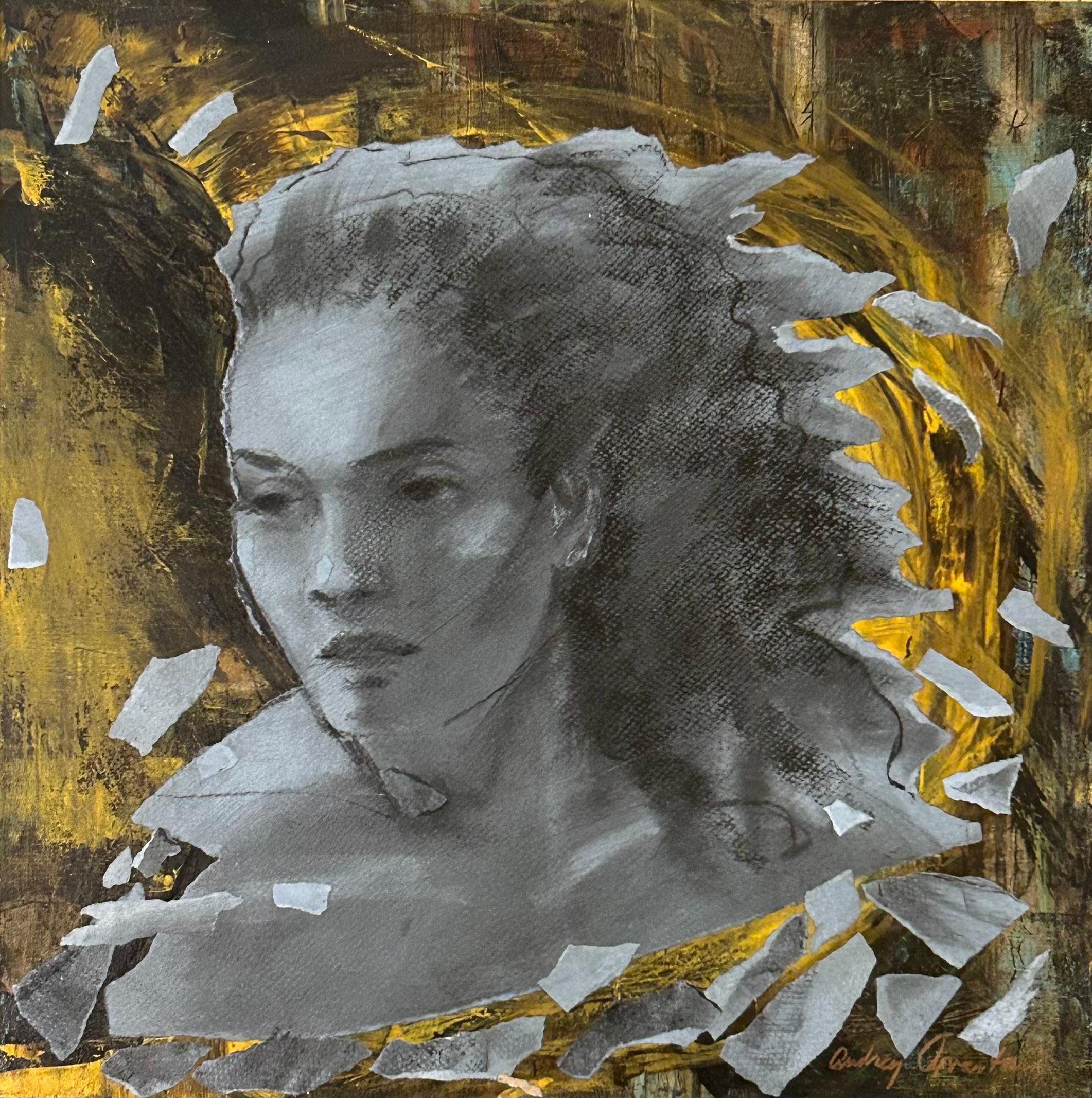 Pale Blue Wind, carboncino e collage, ritratto femminile