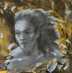 Pale Blue Wind, carboncino e collage, ritratto femminile