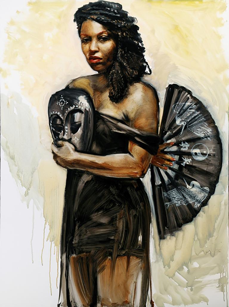Audrey Anastasi Figurative Painting – Performer mit afrikanischer Maske, asiatischer Fächer, überwiegend schwarz-weißes Öl auf Tafel