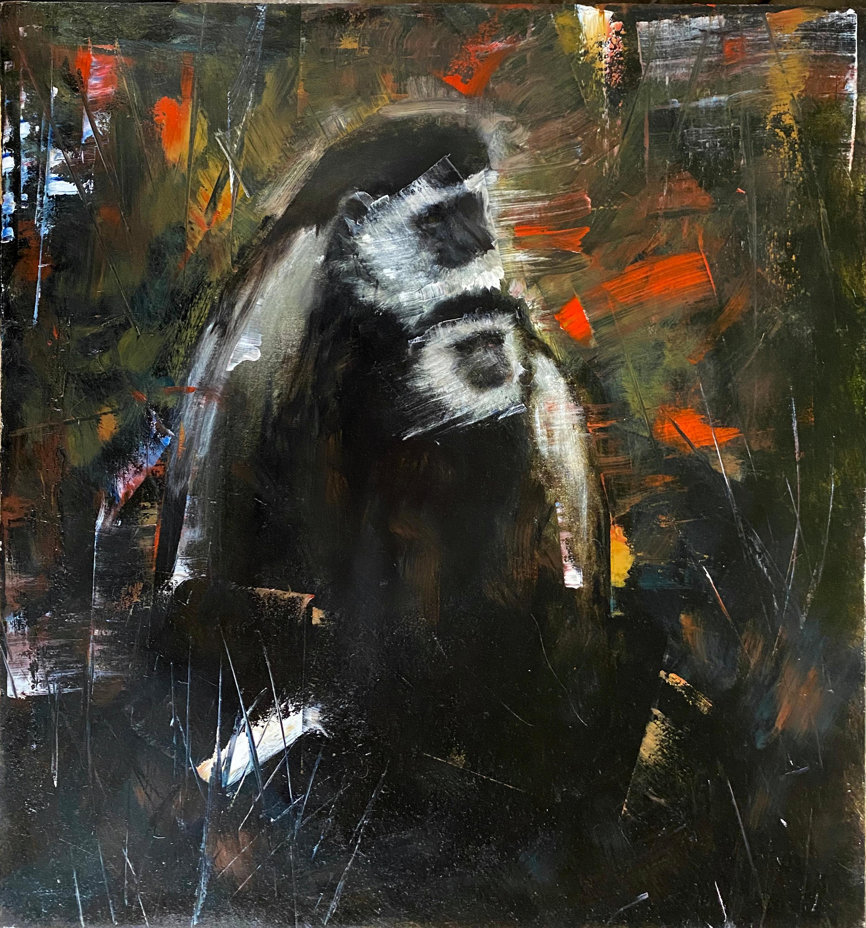Primate Family, dark, abstracted monkeys, oil on panel w red, disrupted realism