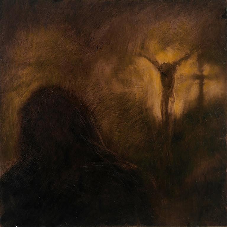 Audrey Anastasi Figurative Painting – Auferstehung, Erdtöne, Goldtöne und  Brauntöne, mystisch-religiöses Thema