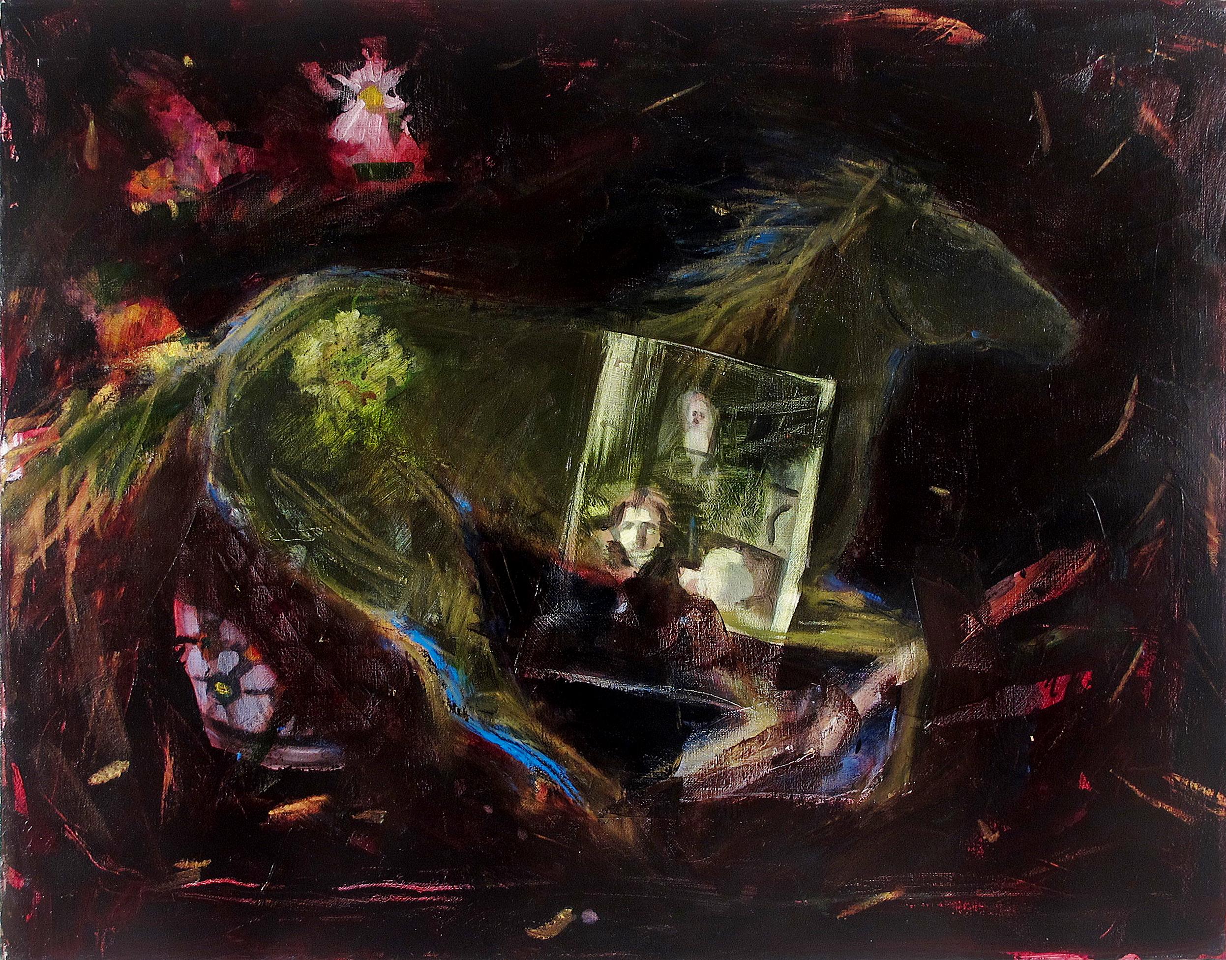 Caballo corredor pintura animal abstracta con caniche y referencia a GertrudeStein - Painting de Audrey Anastasi