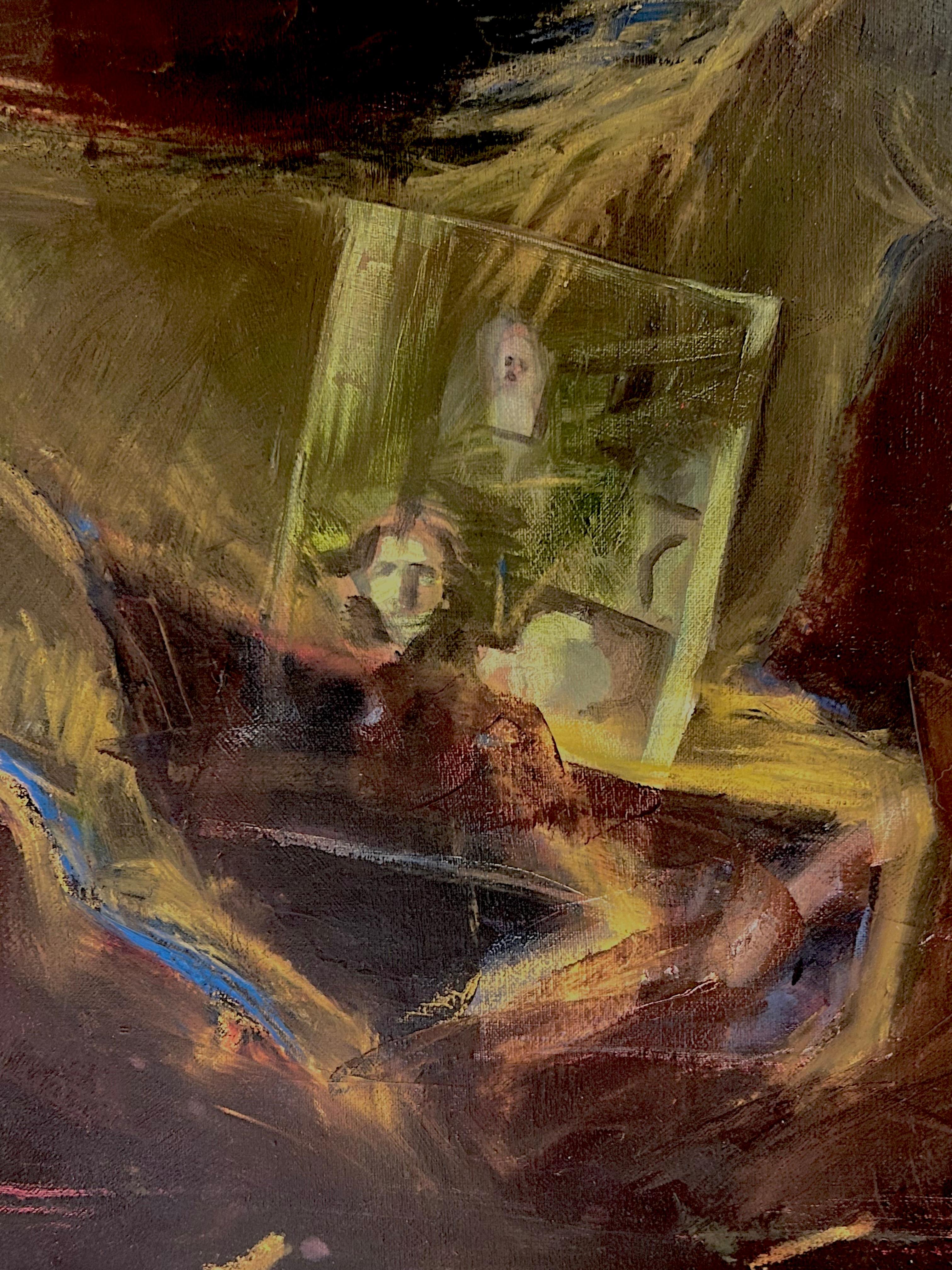 Óleo sobre lino, morados oscuros, verdes .  Esta obra transmite una sensación de misterio.
