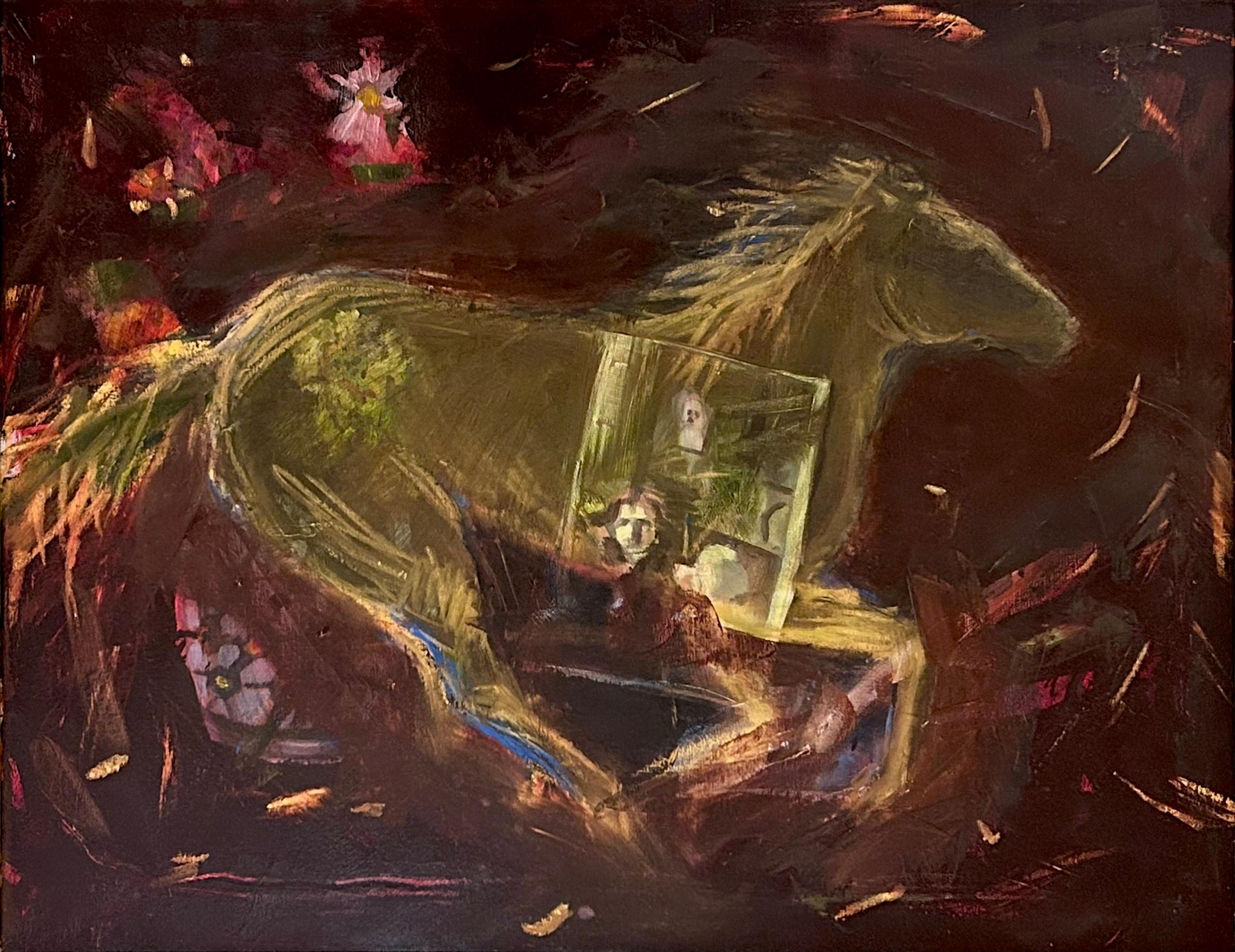 Animal Painting de Audrey Anastasi - Caballo corredor pintura animal abstracta con caniche y referencia a GertrudeStein