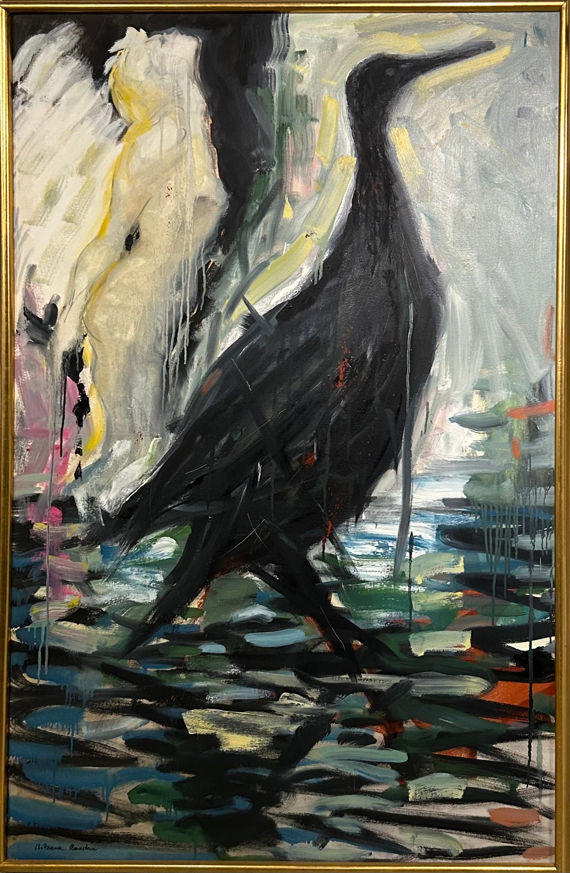 Audrey Anastasi Figurative Painting – Spirit Animal, ölgetränkter Vogel Engel Ökologie