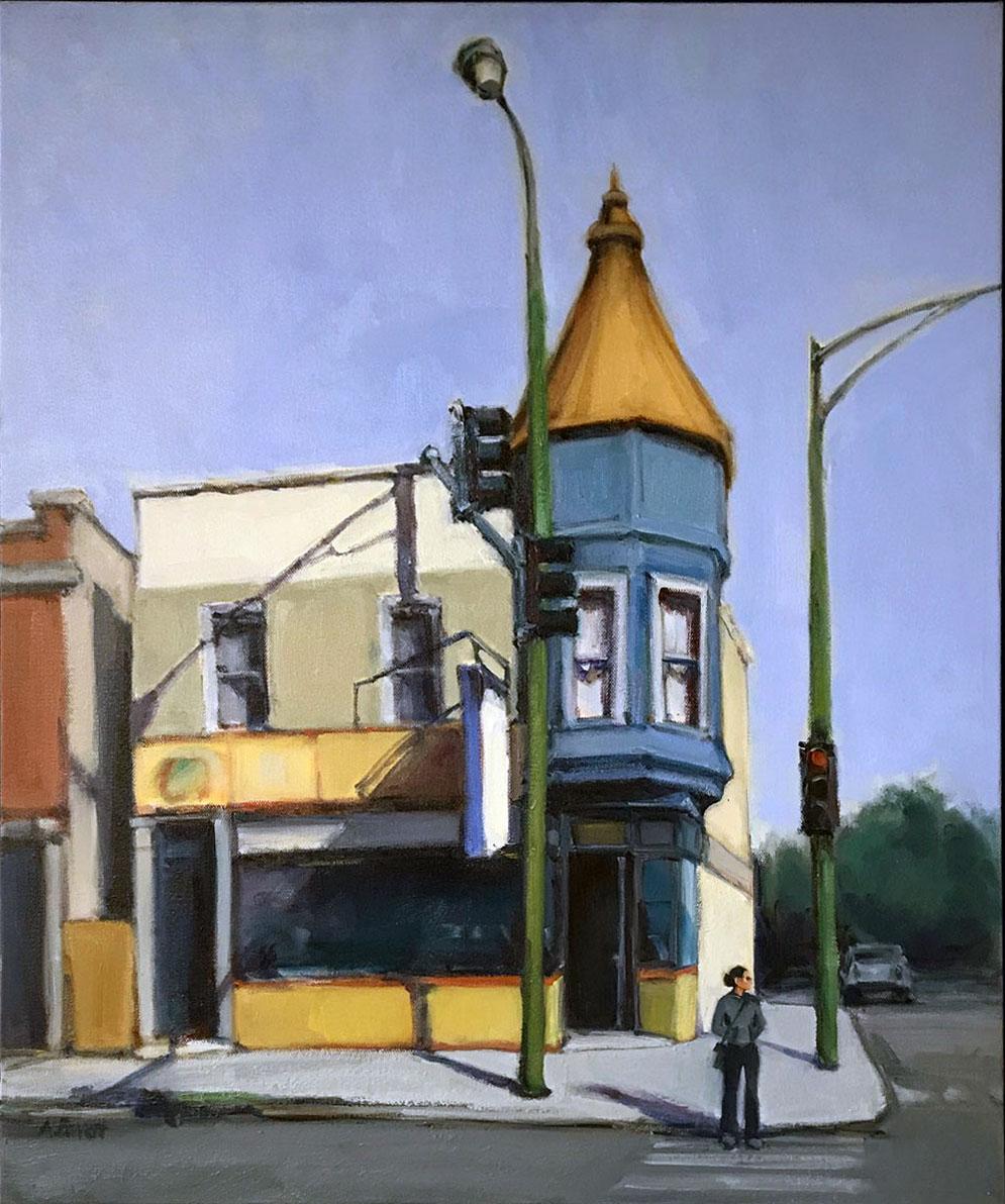 Audrey Barrett Landscape Painting – LOGAN SQUARE UND ASHLAND AVE.