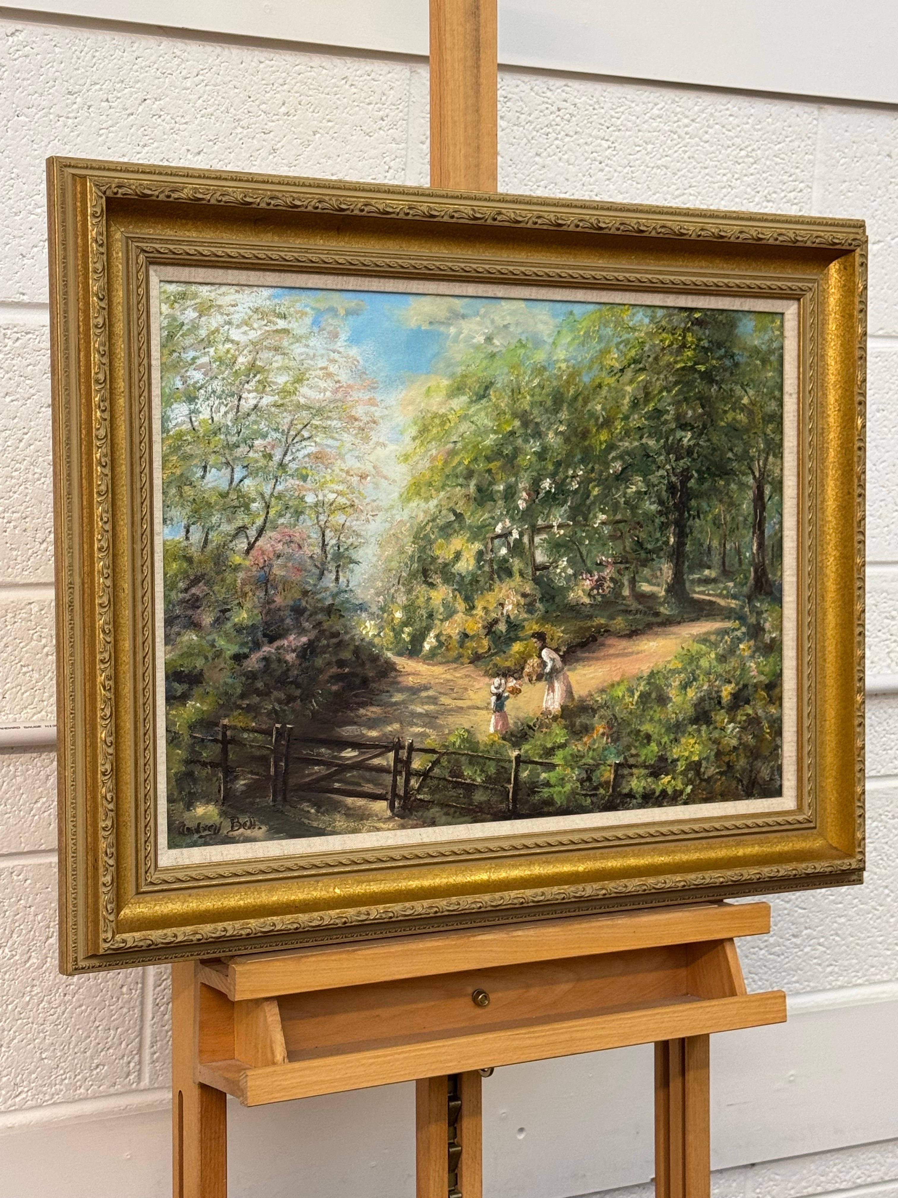 Madre & Child recogiendo flores silvestres en el campo de Irlanda por un artista irlandés - Painting de Audrey Bell