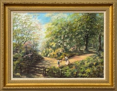 Madre & Child recogiendo flores silvestres en el campo de Irlanda por un artista irlandés