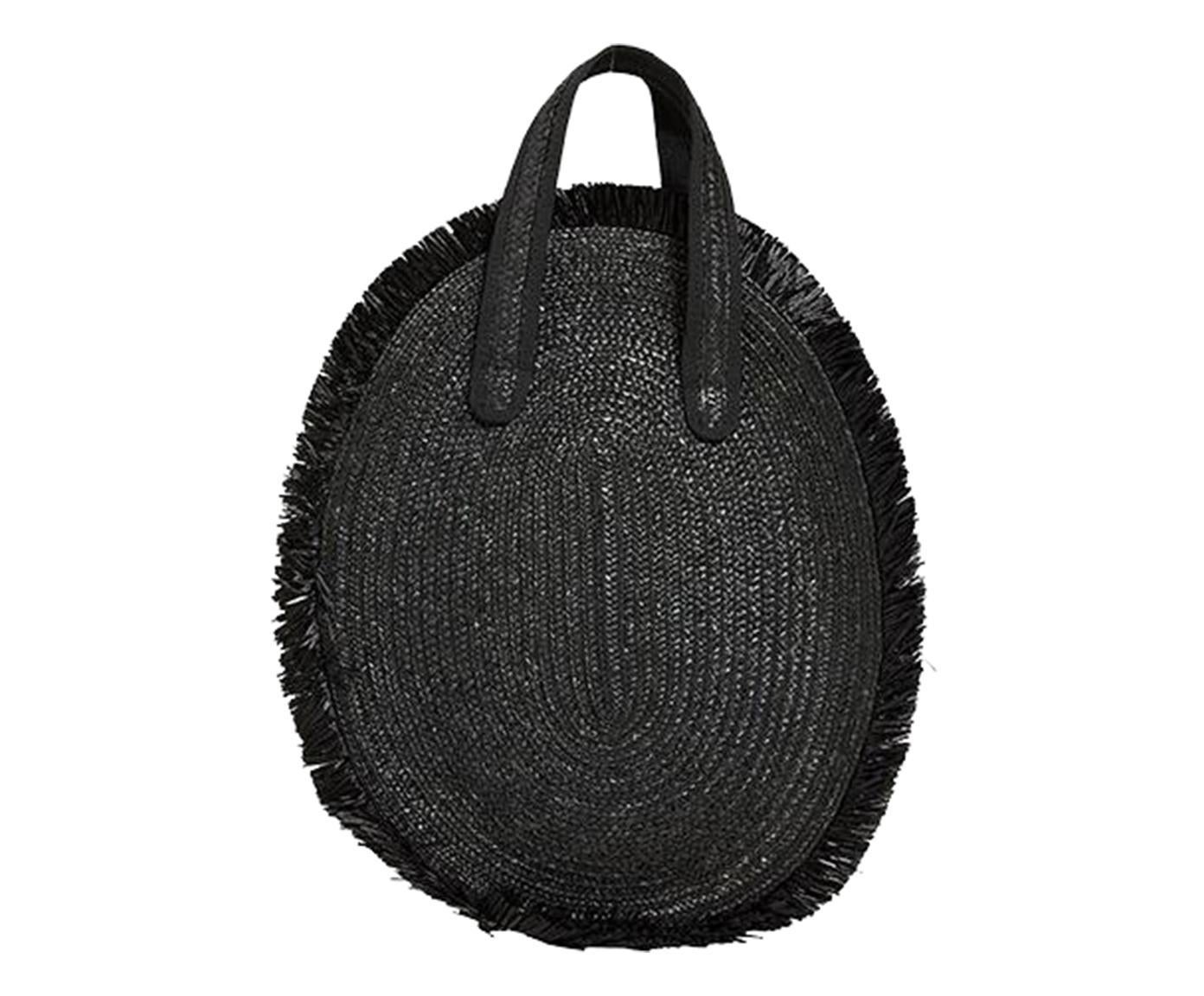 Audrey black rafia handbag 
. Straw bag with fringes details.

. Vintage lining in printed cotton with nappa leather pocket.

. Handle in woven straw.

Composition: Nappa leather, straw and cotton

Colours: black

Height: 34cm

Width: 20cm 

Depth:
