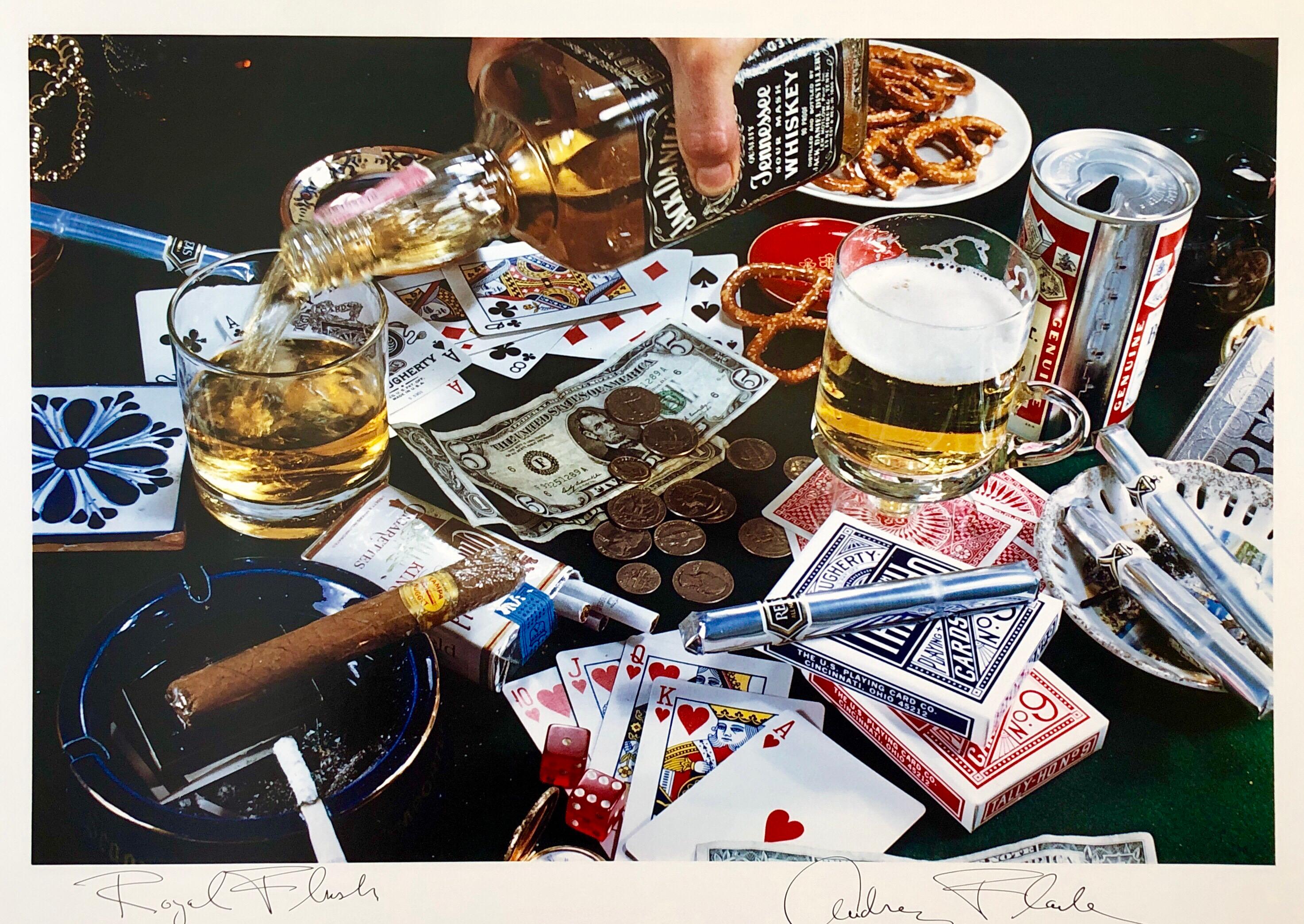 Hand signed and titled in ink by the artist from edition of 50 (plus proofs). Color Photo printed at CVI Lab by master printer Guy Stricherz. Published by Prestige Art Ltd. From the color saturated 1980's. Royal Flush, cigars, Jack Daniels Whiskey,