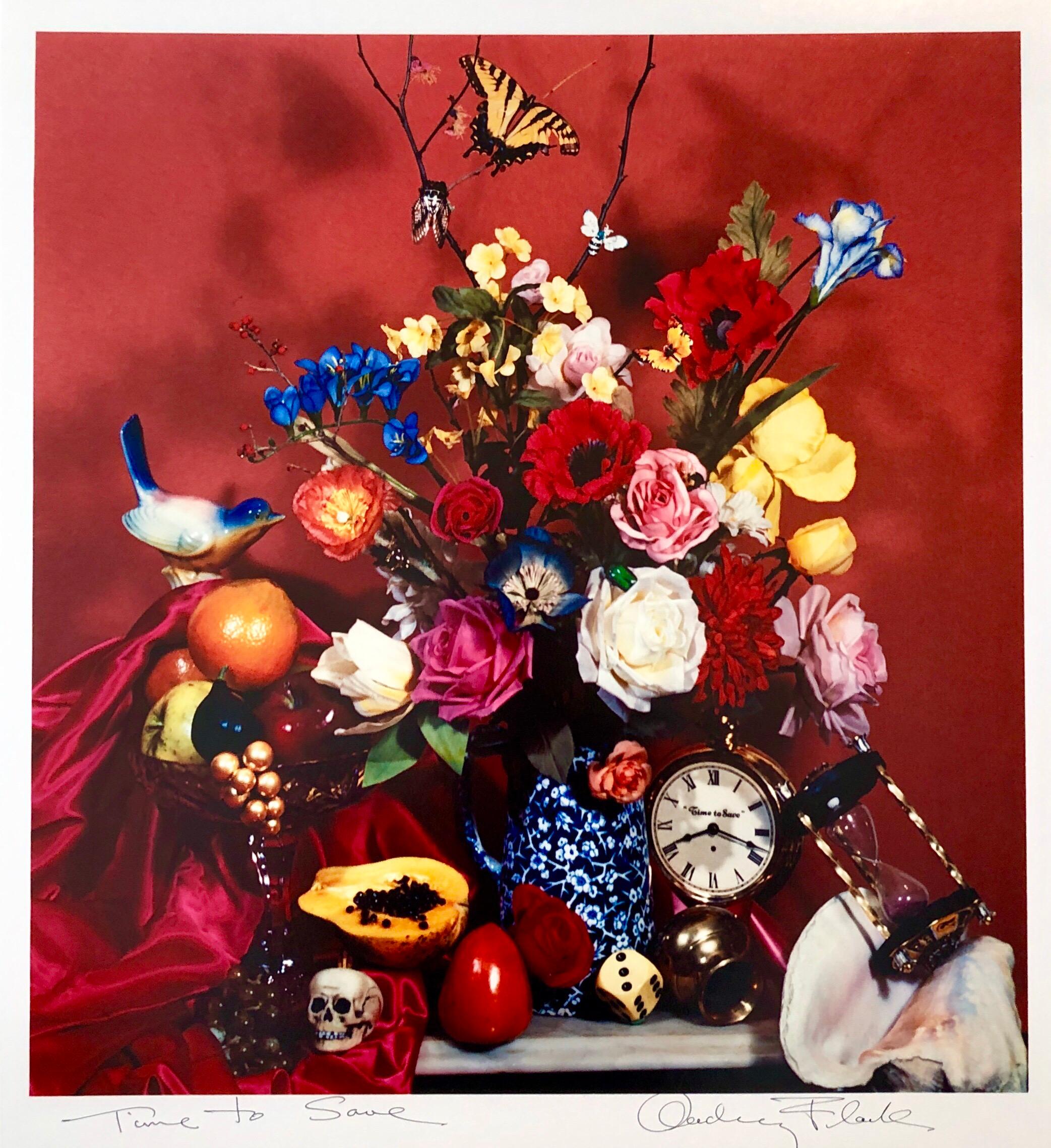 Hand signed and titled in ink by the artist from edition of 50 (plus proofs). Color Photo printed at CVI Lab by master printer Guy Stricherz. Published by Prestige Art Ltd. From the color saturated 1980's. "Time to Save" featuring a delcate