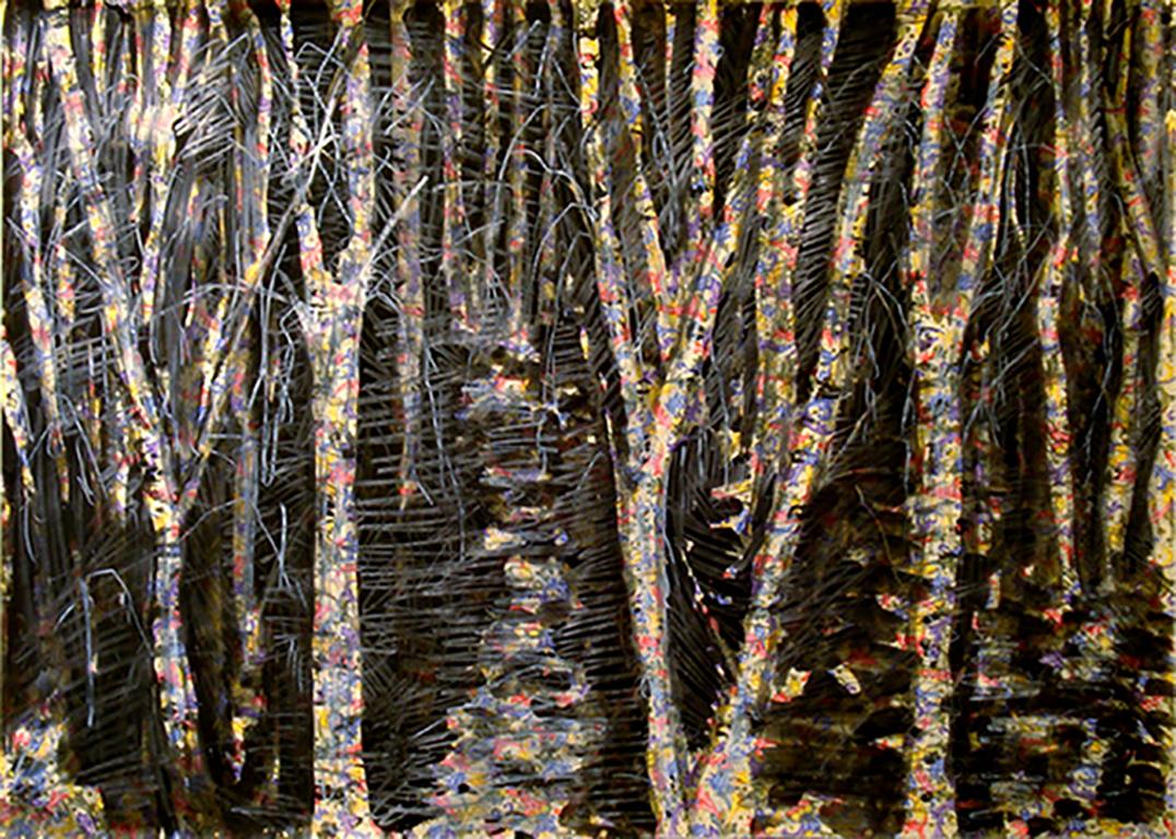 Audrey Frank Anastasi Landscape Art - Florentine Birch, trees, nature, over classically patterned paper