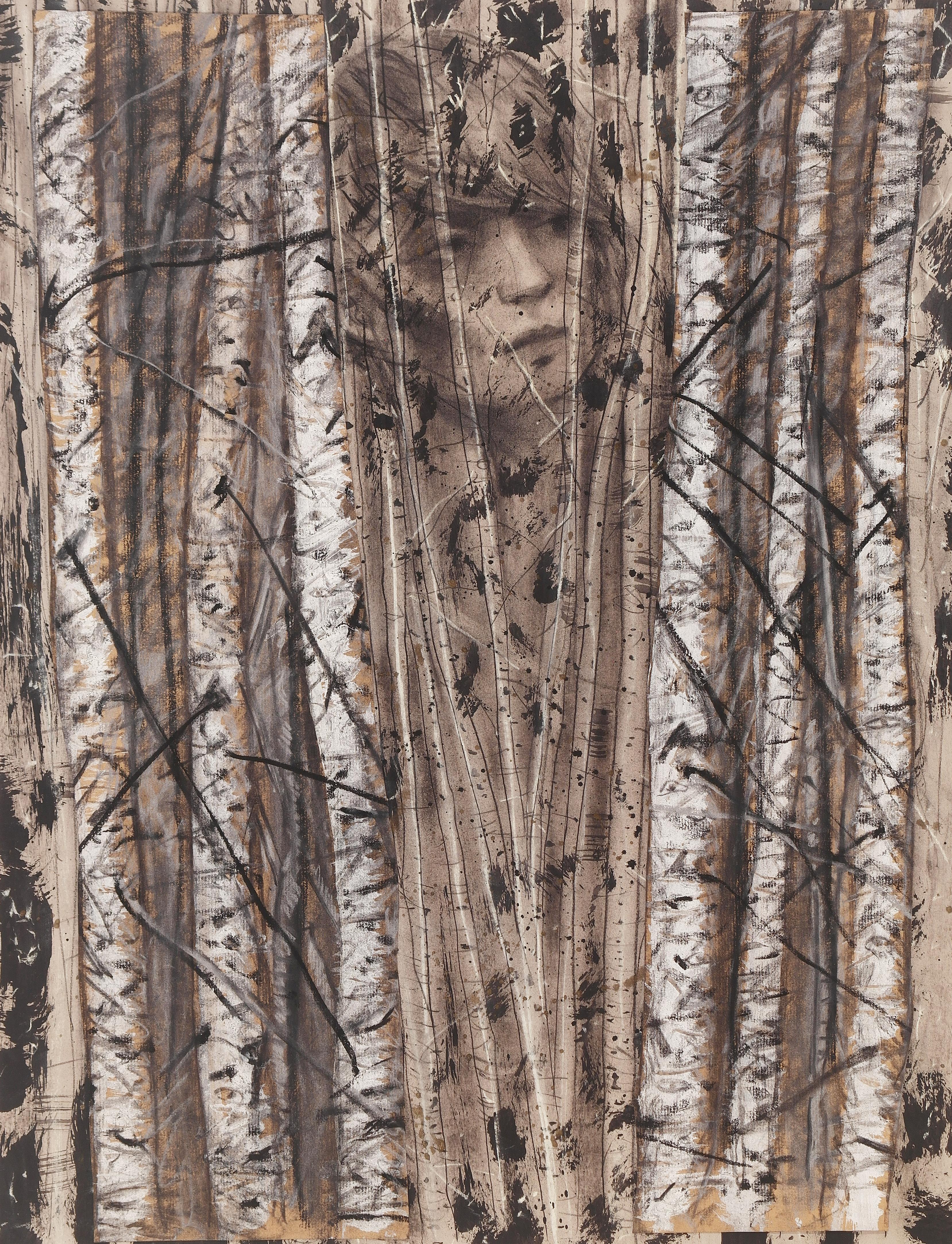 Audrey Frank Anastasi Landscape Art - Obscura, face w birch trees, nature, monochromatic