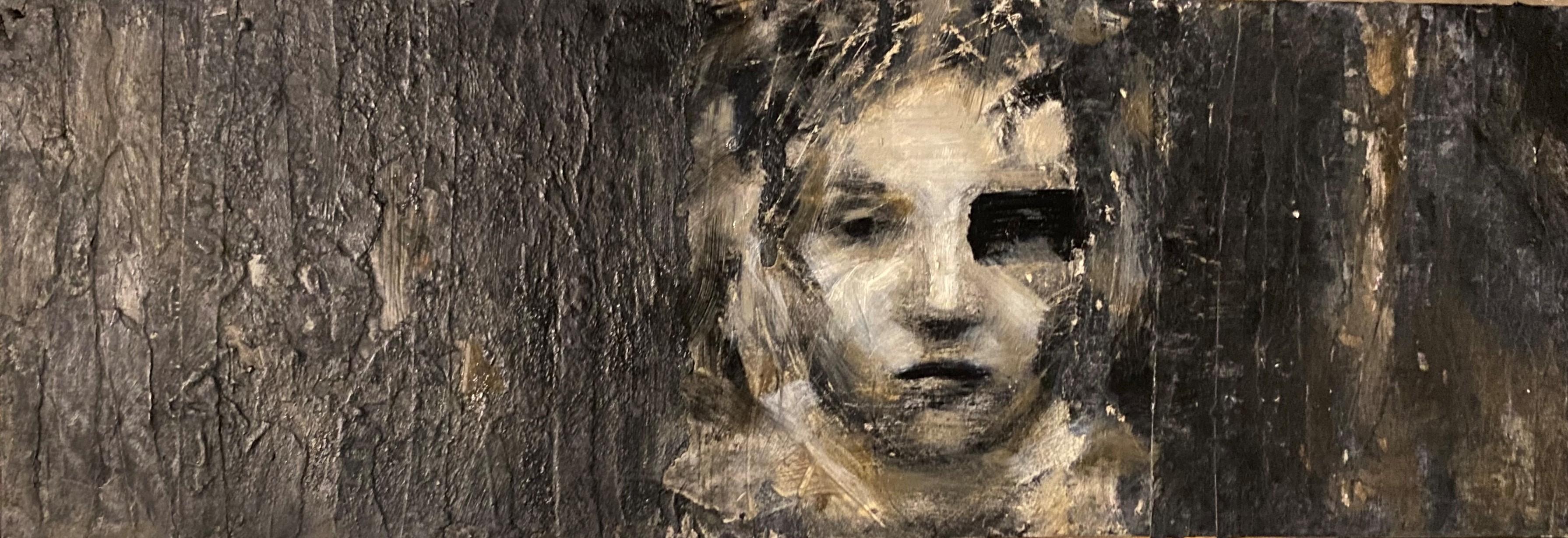 Huile texturée sur panneau « Chiaroscuro » représentant une femme, réalisme perturbé, monochromatique - Mixed Media Art de Audrey Frank Anastasi