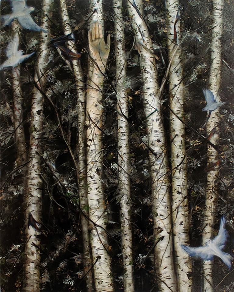 Audrey Frank Anastasi Landscape Painting - Woodland Gesture, dark birch trees w abstracted elements, hand, birds